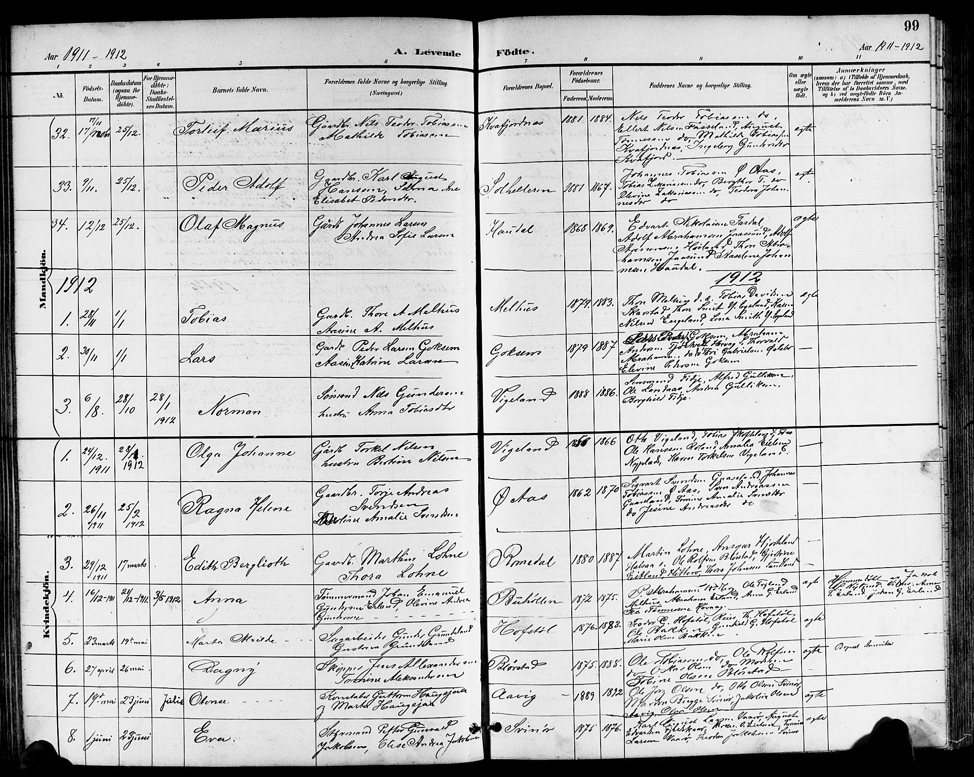 Sør-Audnedal sokneprestkontor, SAK/1111-0039/F/Fb/Fbb/L0006: Parish register (copy) no. B 6, 1893-1915, p. 99