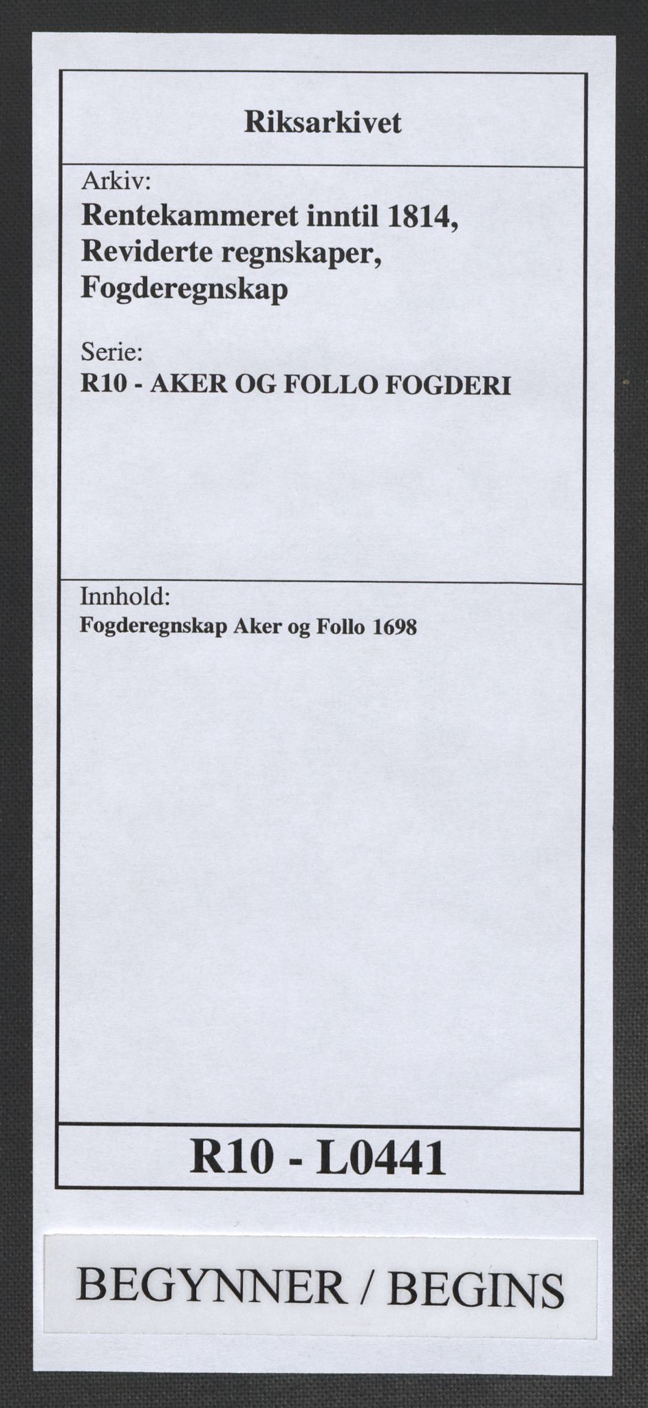 Rentekammeret inntil 1814, Reviderte regnskaper, Fogderegnskap, AV/RA-EA-4092/R10/L0441: Fogderegnskap Aker og Follo, 1698, p. 1