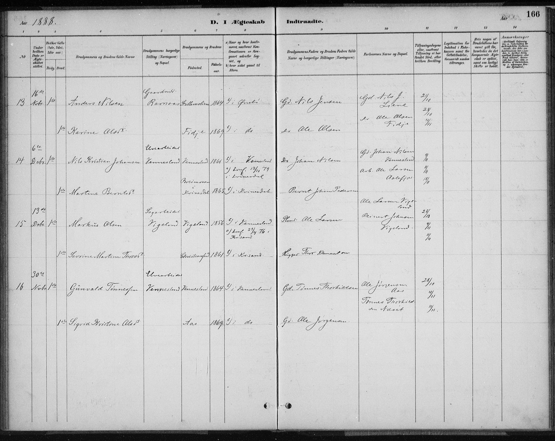 Vennesla sokneprestkontor, AV/SAK-1111-0045/Fa/Fab/L0004: Parish register (official) no. A 4, 1884-1896, p. 166