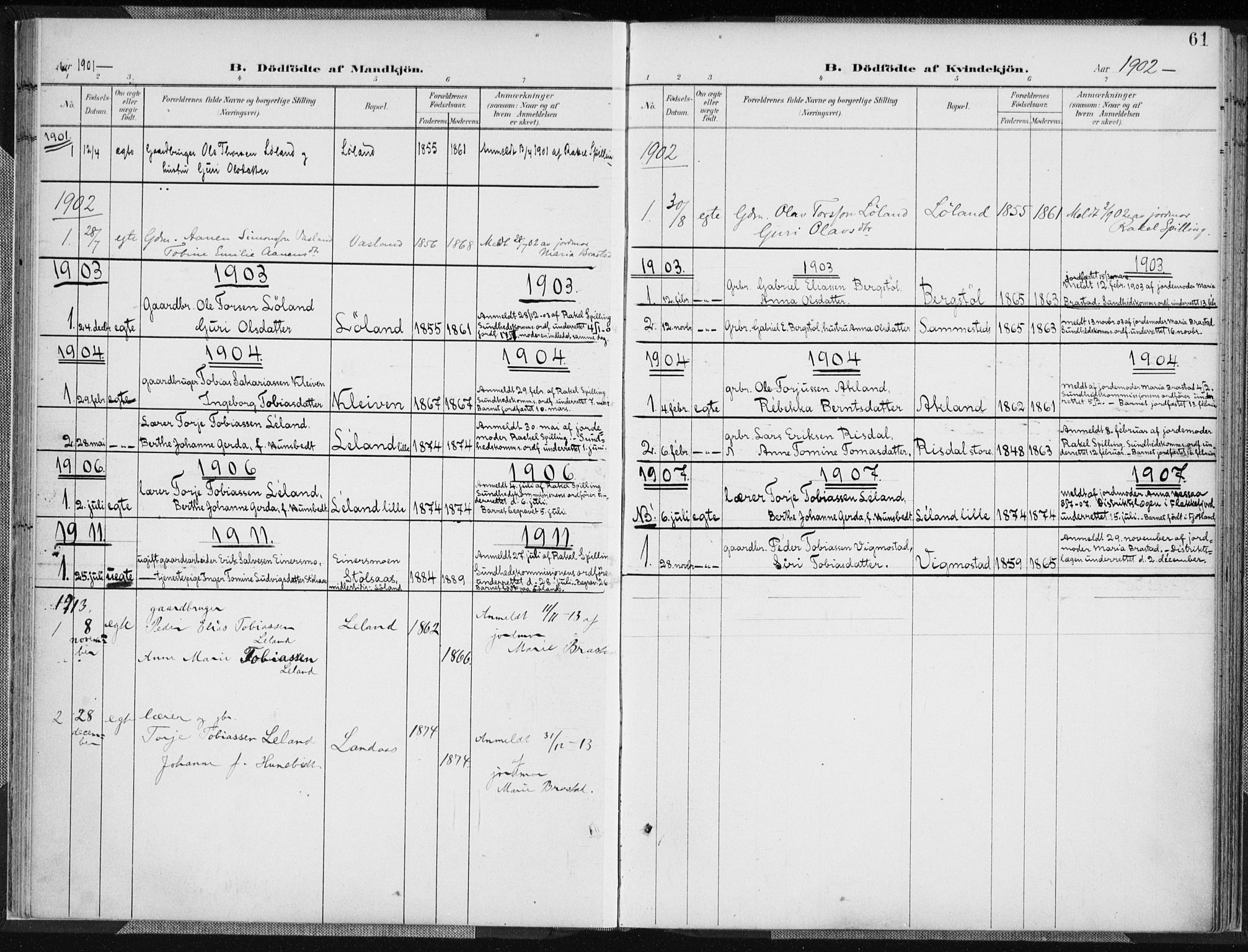 Nord-Audnedal sokneprestkontor, AV/SAK-1111-0032/F/Fa/Fab/L0004: Parish register (official) no. A 4, 1901-1917, p. 61