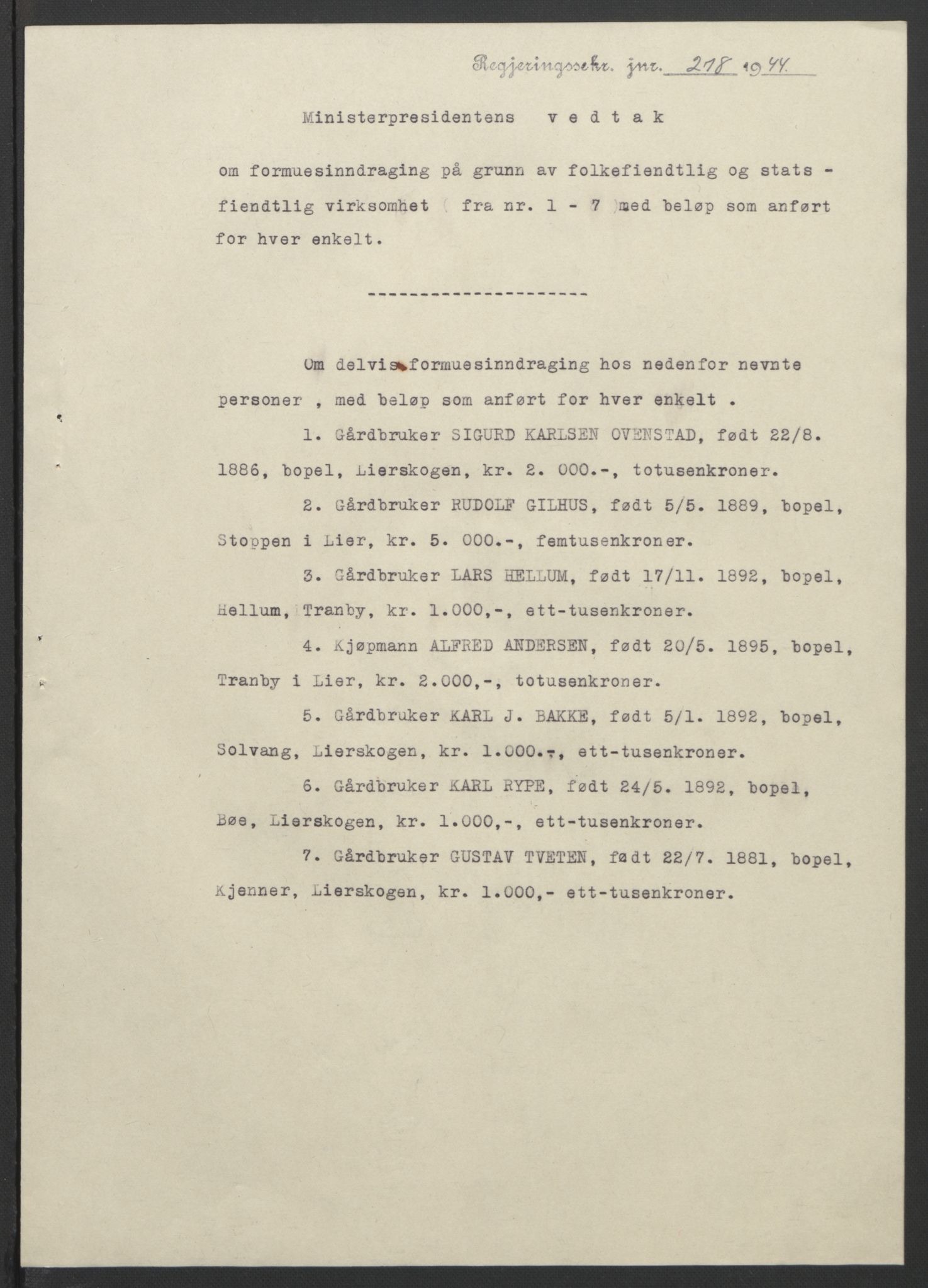 NS-administrasjonen 1940-1945 (Statsrådsekretariatet, de kommisariske statsråder mm), AV/RA-S-4279/D/Db/L0111/0003: Saker fra krigsårene / Journal, 1940-1945, p. 342