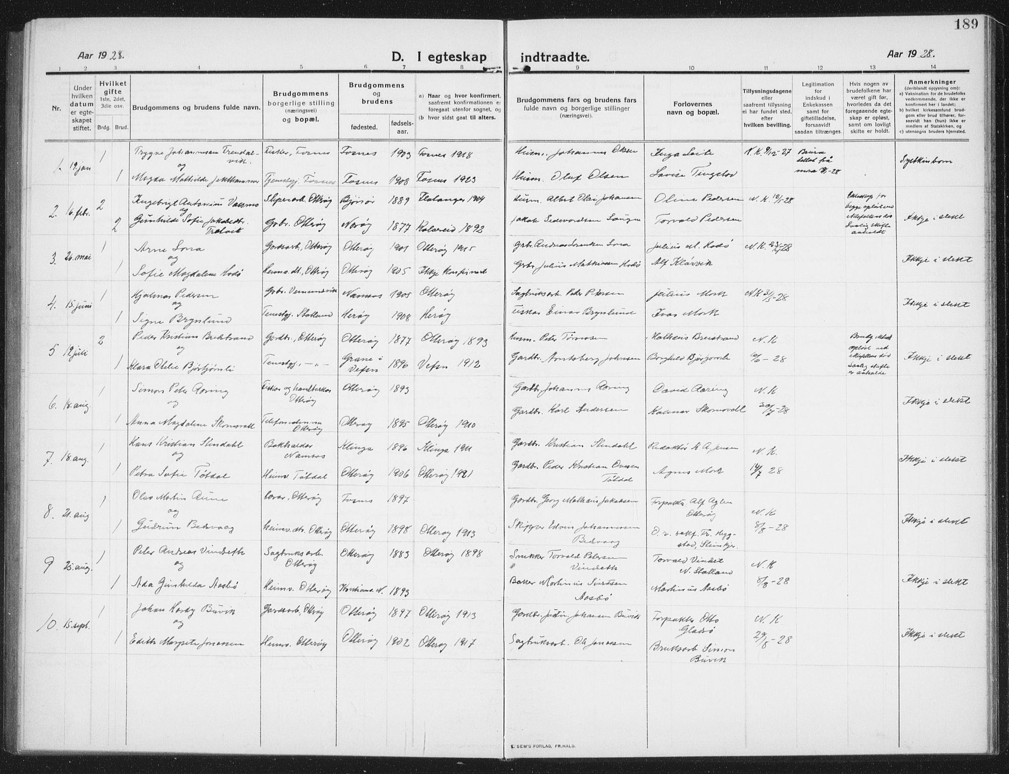 Ministerialprotokoller, klokkerbøker og fødselsregistre - Nord-Trøndelag, AV/SAT-A-1458/774/L0630: Parish register (copy) no. 774C01, 1910-1934, p. 189