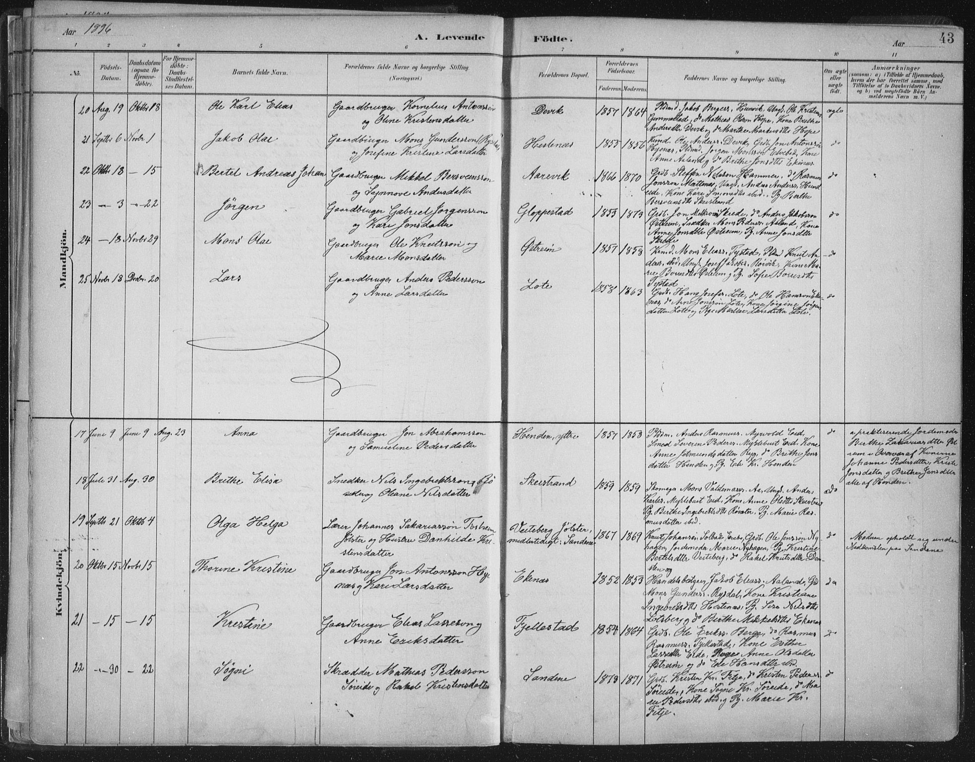 Gloppen sokneprestembete, AV/SAB-A-80101/H/Haa/Haab/L0001: Parish register (official) no. B  1, 1885-1905, p. 43