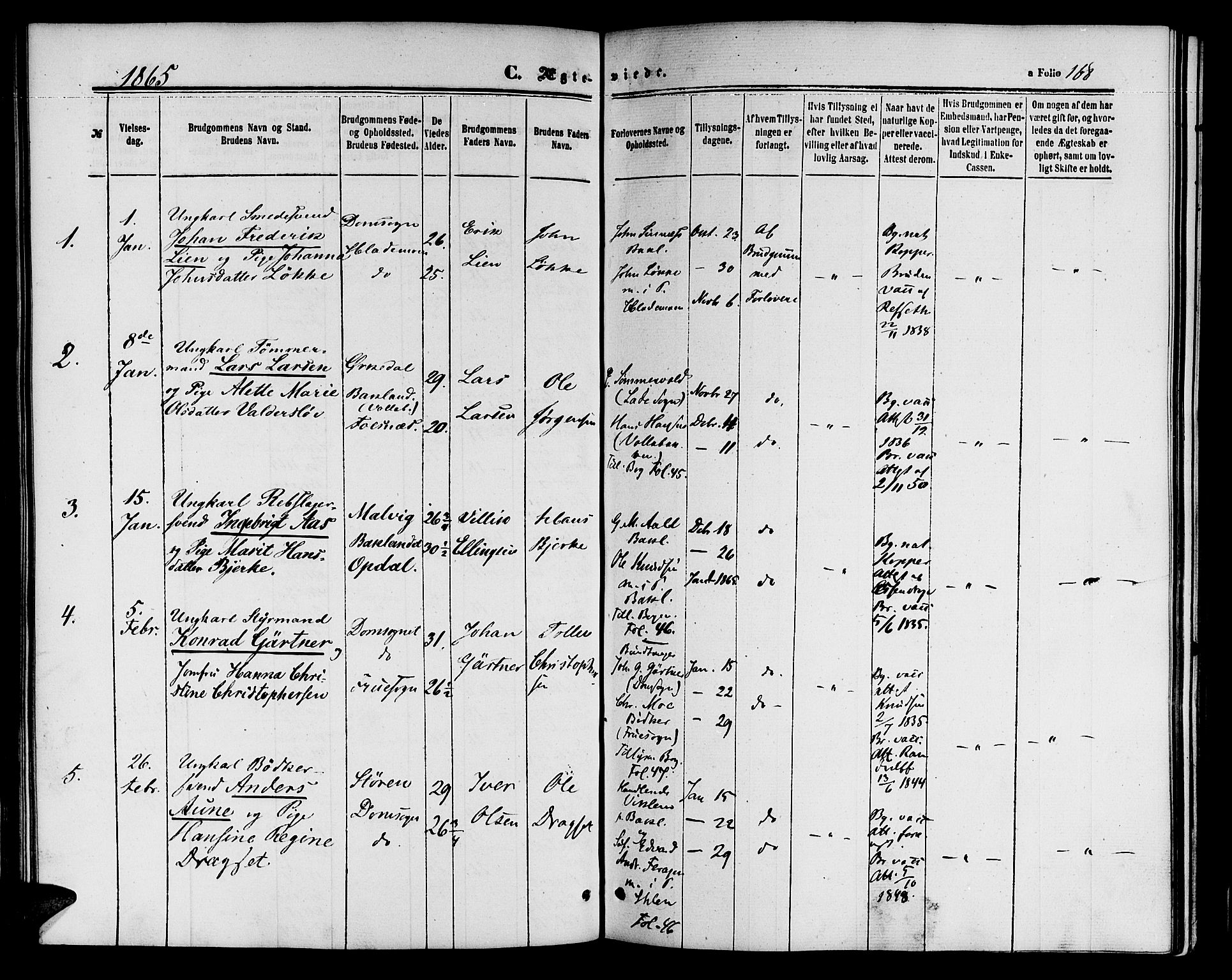 Ministerialprotokoller, klokkerbøker og fødselsregistre - Sør-Trøndelag, SAT/A-1456/604/L0185: Parish register (official) no. 604A06, 1861-1865, p. 168