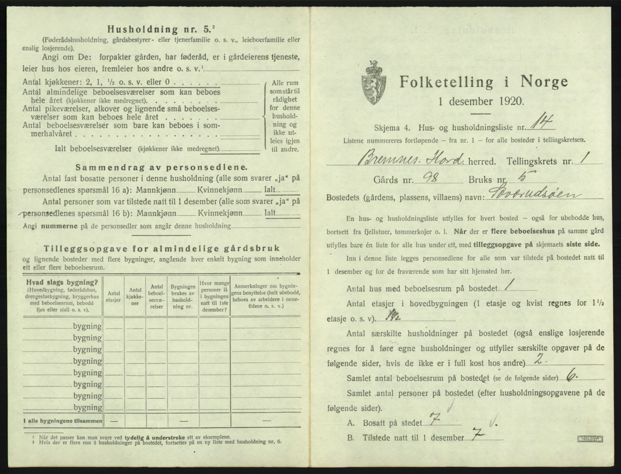 SAB, 1920 census for Bremnes, 1920, p. 69