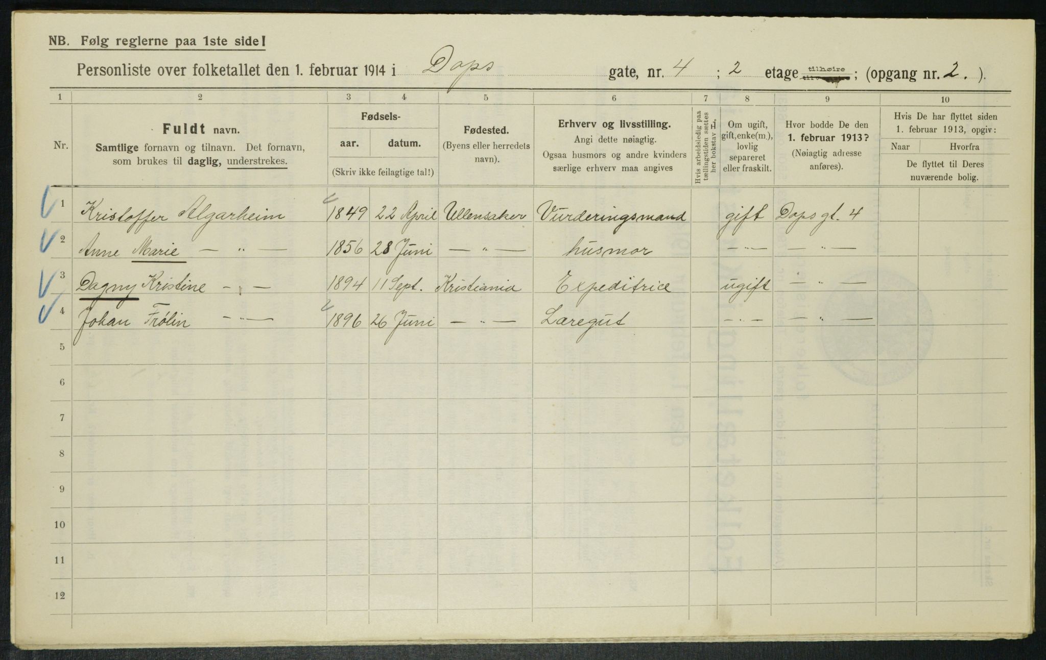 OBA, Municipal Census 1914 for Kristiania, 1914, p. 16026