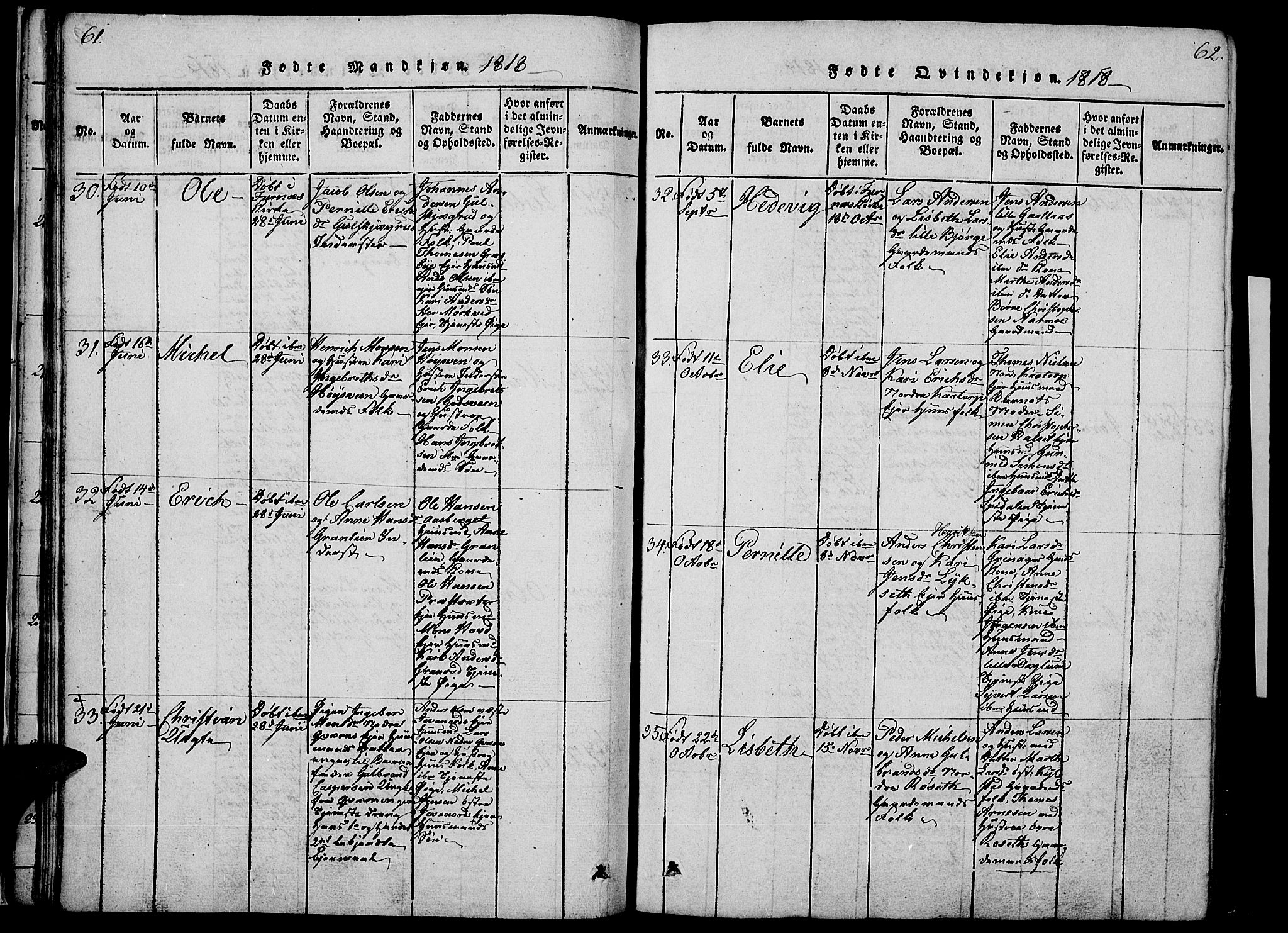 Vang prestekontor, Hedmark, AV/SAH-PREST-008/H/Ha/Haa/L0008: Parish register (official) no. 8, 1815-1826, p. 61-62