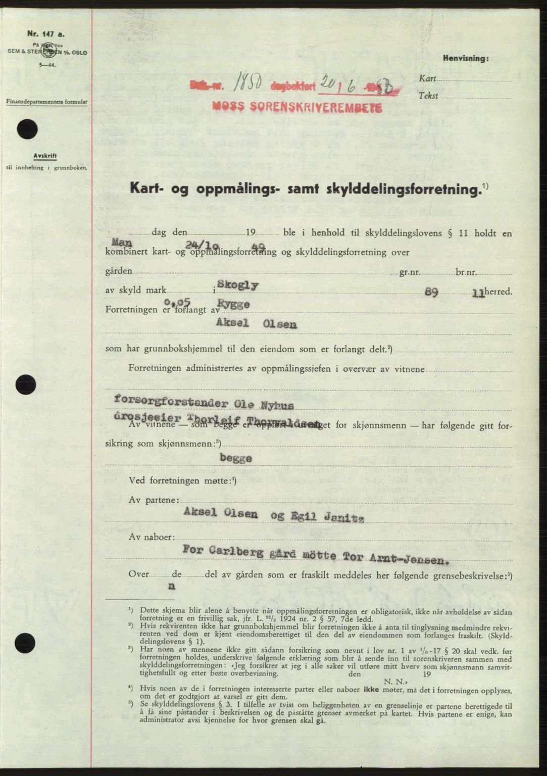 Moss sorenskriveri, AV/SAO-A-10168: Mortgage book no. A26, 1950-1950, Diary no: : 1850/1950