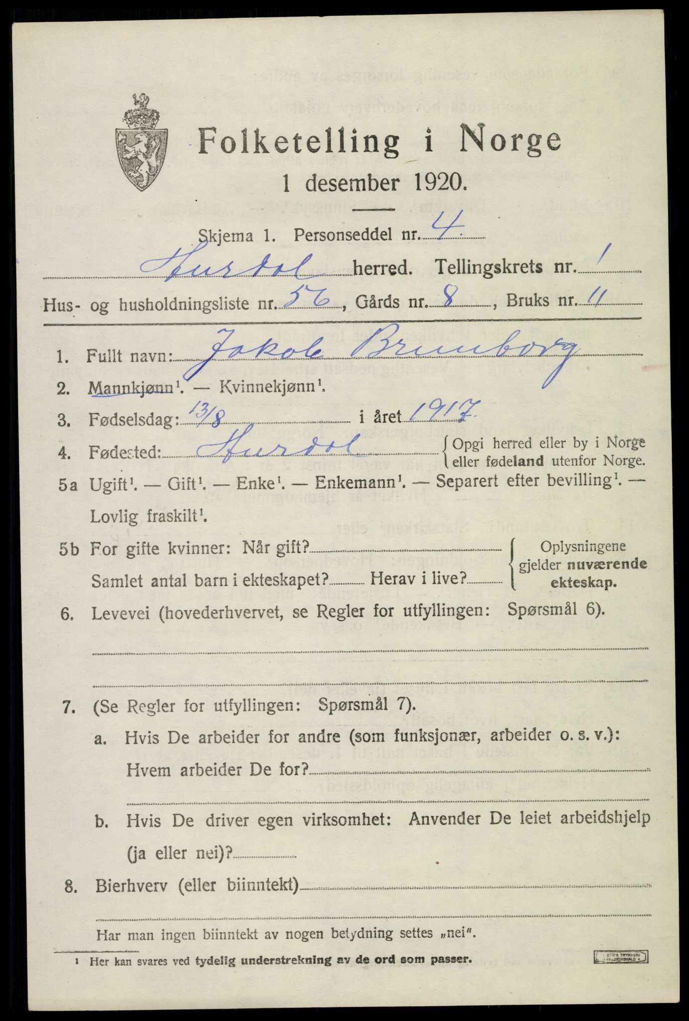 SAO, 1920 census for Hurdal, 1920, p. 1282