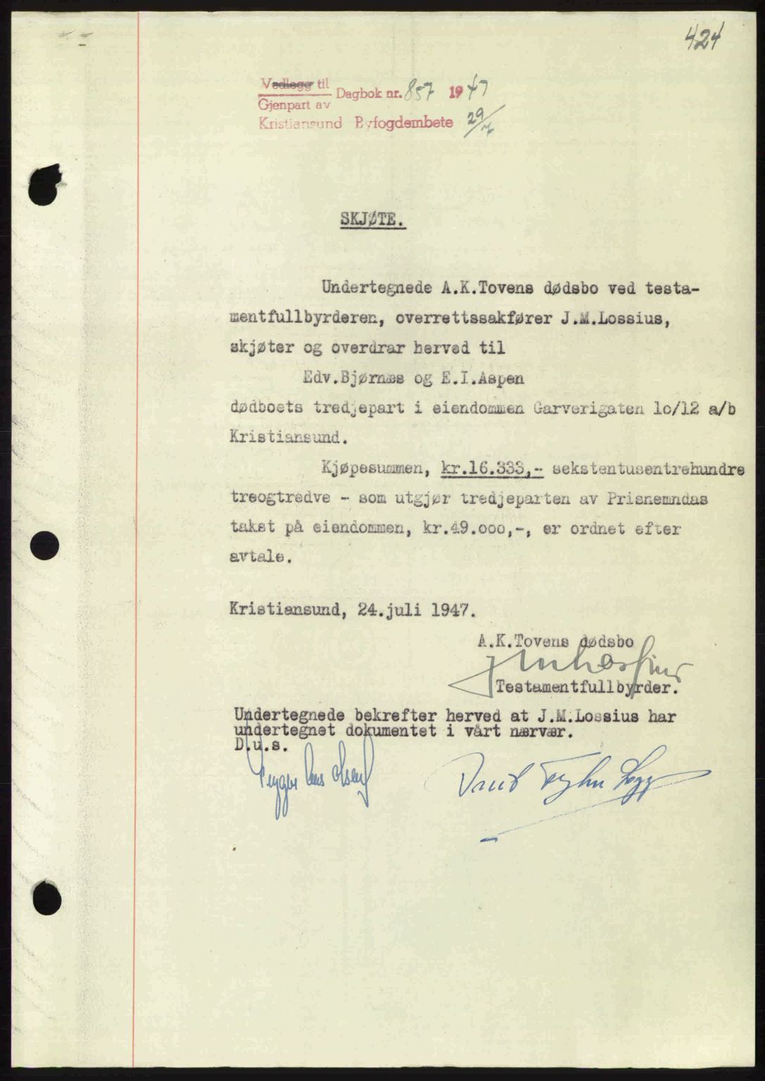 Kristiansund byfogd, AV/SAT-A-4587/A/27: Mortgage book no. 39b, 1946-1947, Diary no: : 857/1947