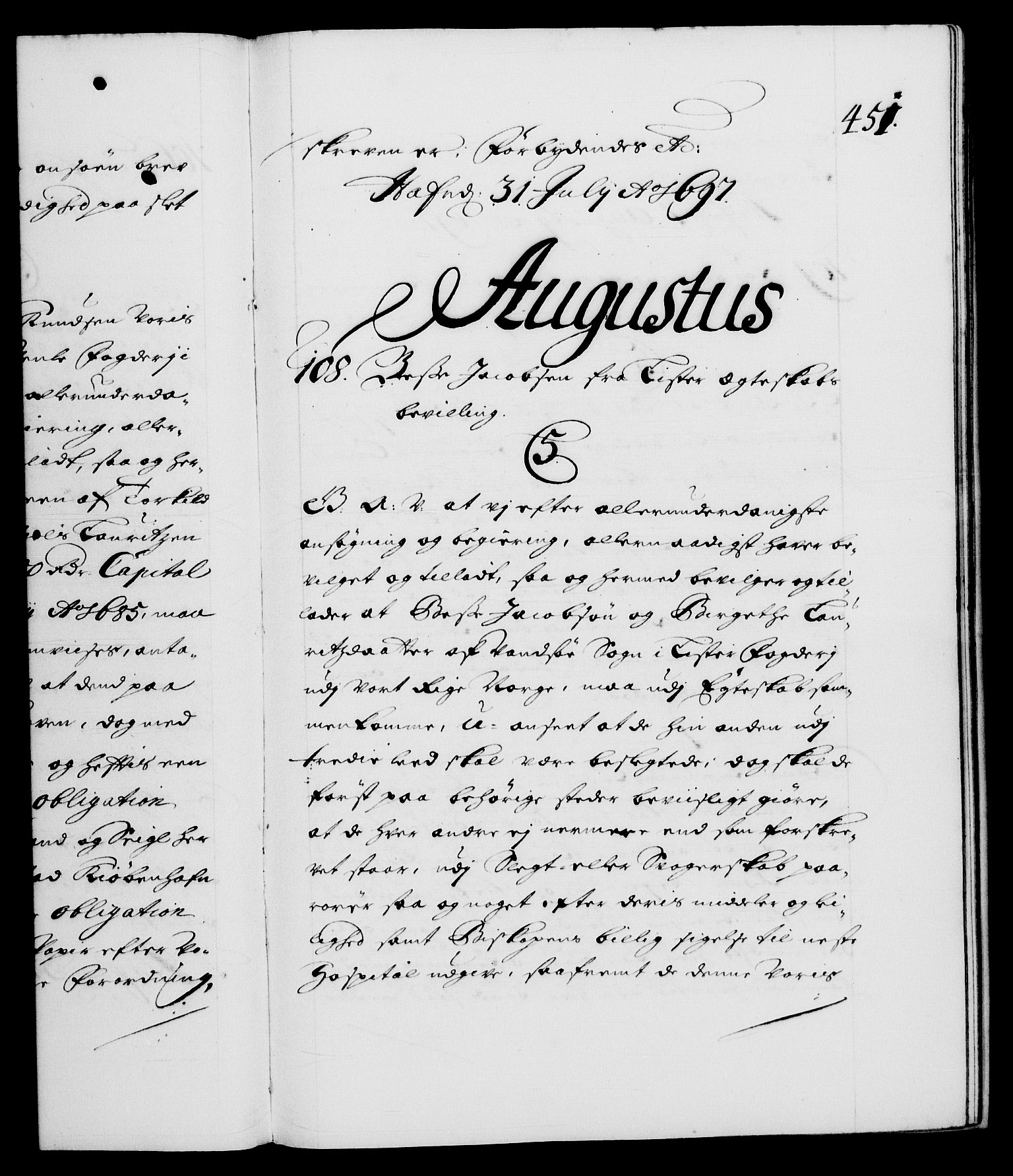 Danske Kanselli 1572-1799, RA/EA-3023/F/Fc/Fca/Fcaa/L0016: Norske registre (mikrofilm), 1692-1697, p. 451a