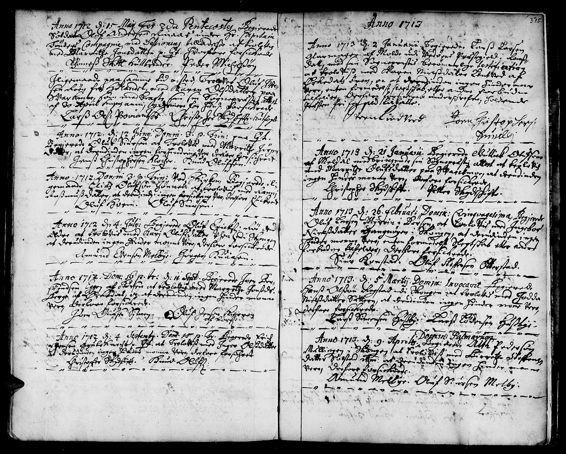 Ministerialprotokoller, klokkerbøker og fødselsregistre - Sør-Trøndelag, SAT/A-1456/668/L0801: Parish register (official) no. 668A01, 1695-1716, p. 374-375