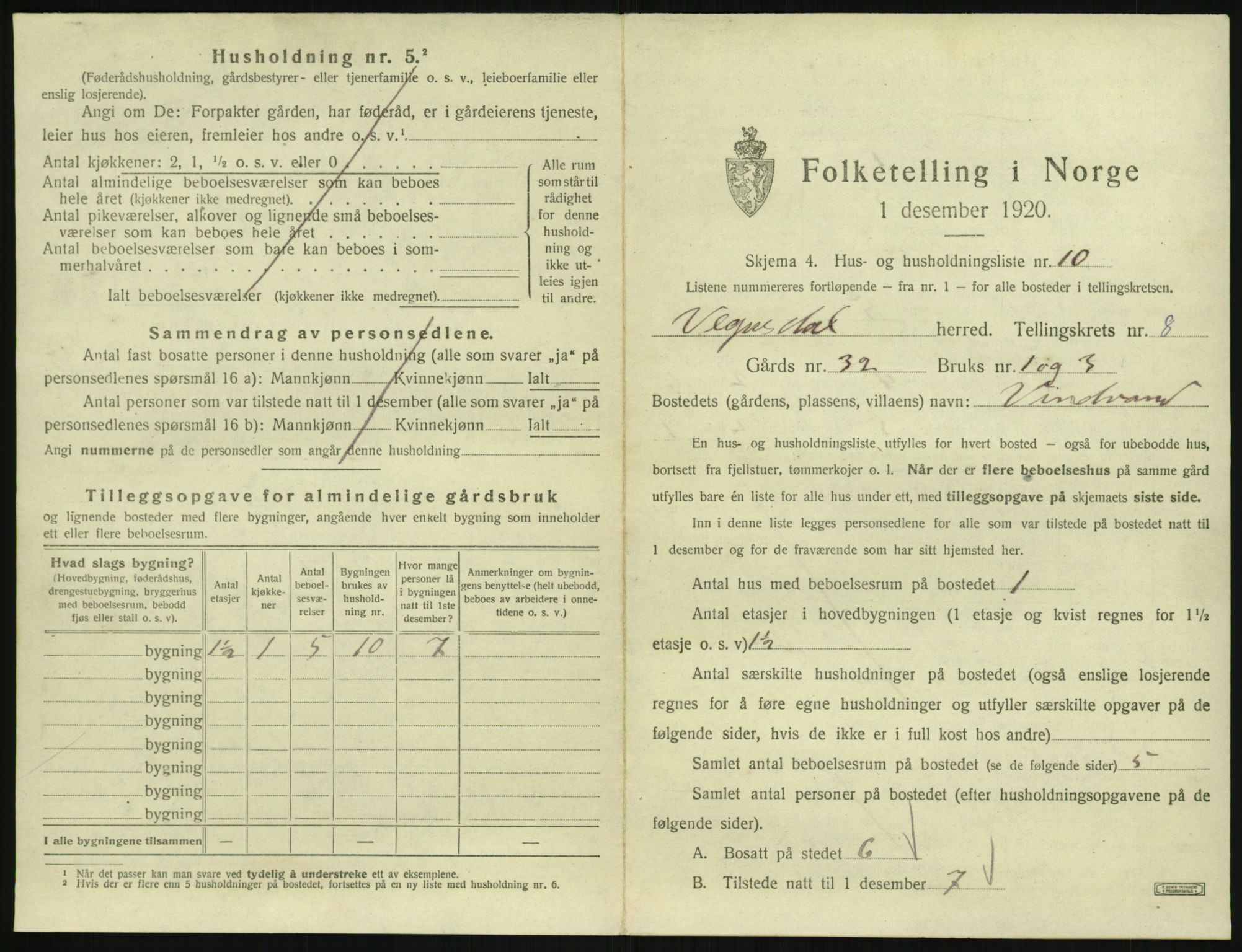 SAK, 1920 census for Vegusdal, 1920, p. 315