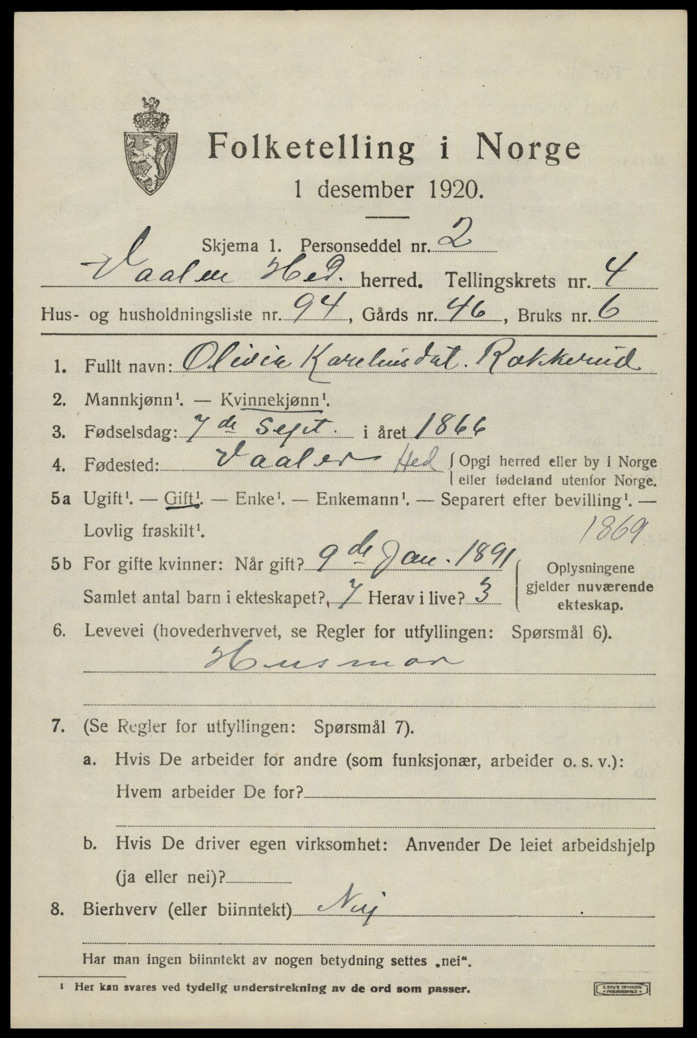 SAH, 1920 census for Våler (Hedmark), 1920, p. 5499