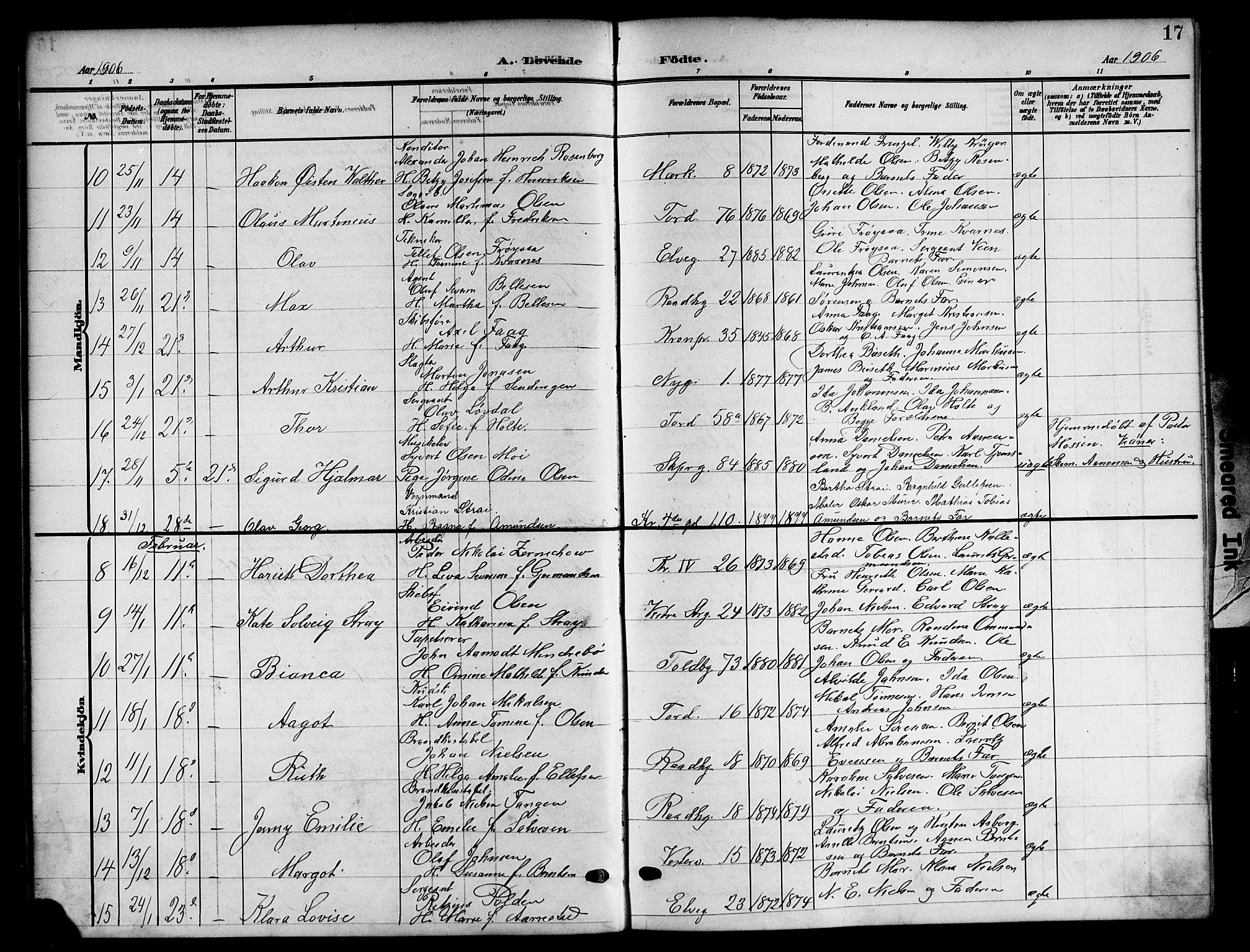 Kristiansand domprosti, SAK/1112-0006/F/Fb/L0019: Parish register (copy) no. B 19, 1905-1914, p. 17