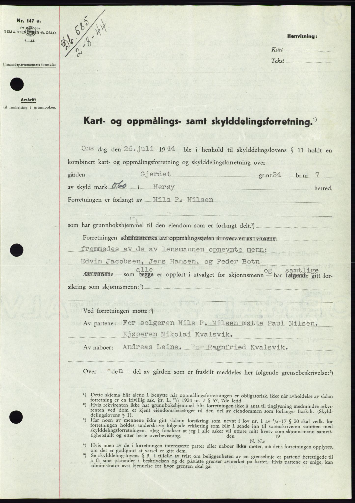 Søre Sunnmøre sorenskriveri, AV/SAT-A-4122/1/2/2C/L0076: Mortgage book no. 2A, 1943-1944, Diary no: : 585/1944