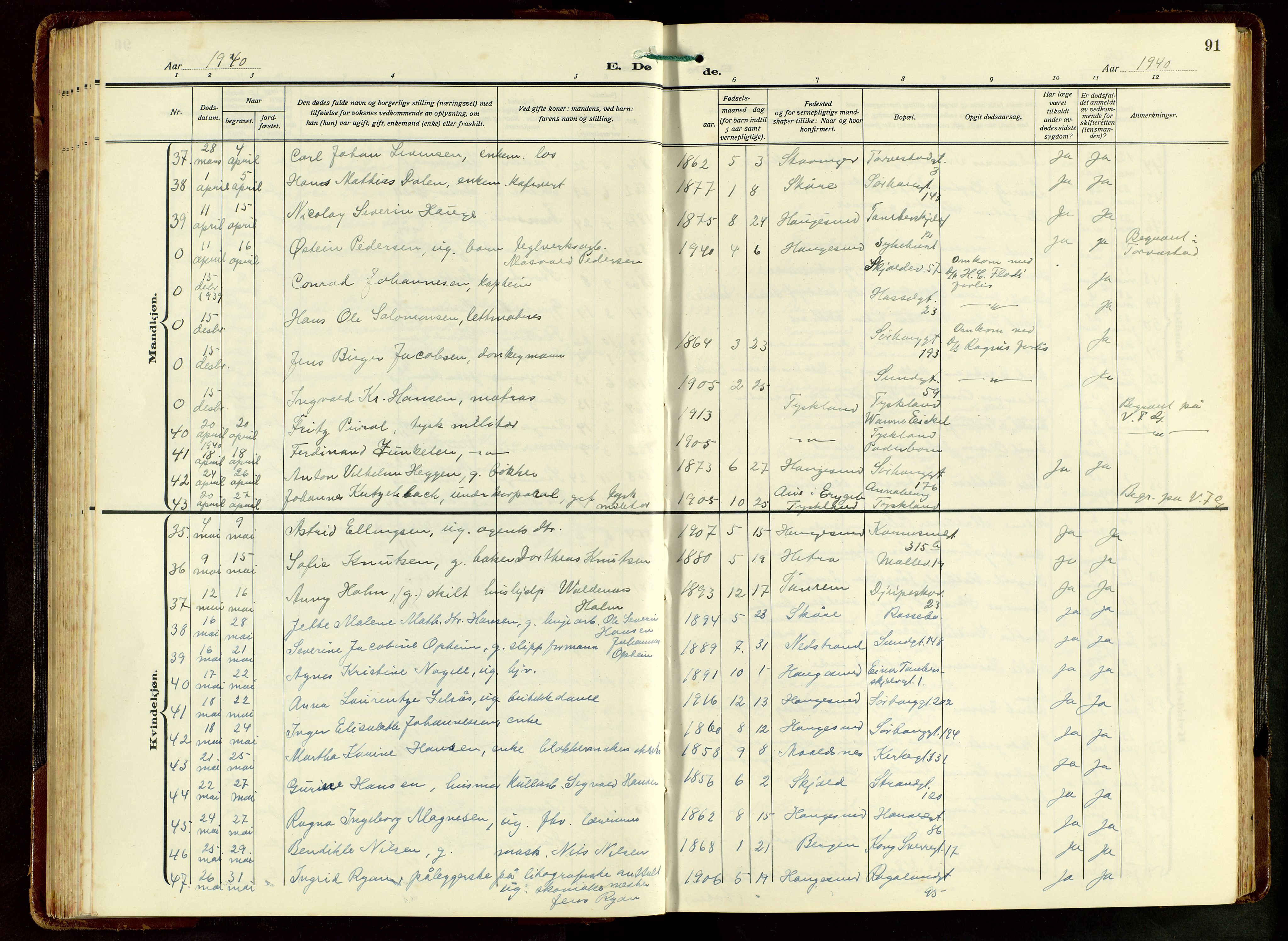 Haugesund sokneprestkontor, AV/SAST-A -101863/H/Ha/Hab/L0012: Parish register (copy) no. B 12, 1930-1958, p. 91