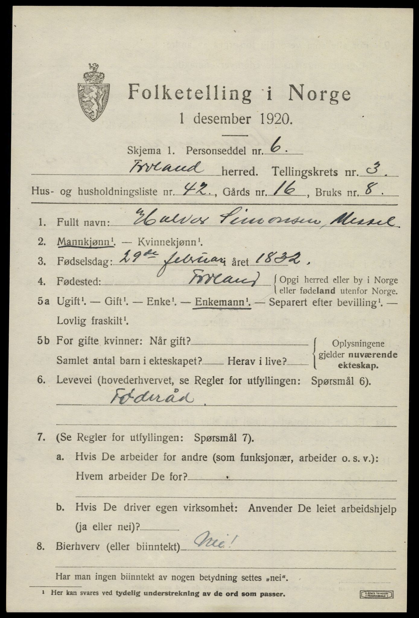 SAK, 1920 census for Froland, 1920, p. 3141