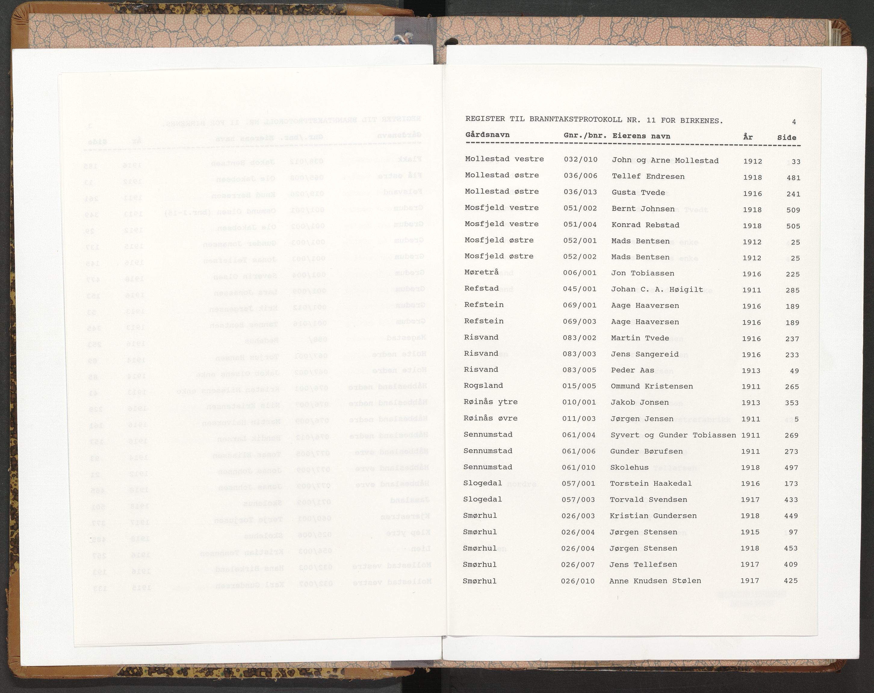 Norges Brannkasse Birkenes, AV/SAK-2241-0005/F/Fa/L0011: Branntakstprotokoll nr. 11 med gårdsnavnregister, 1911-1918