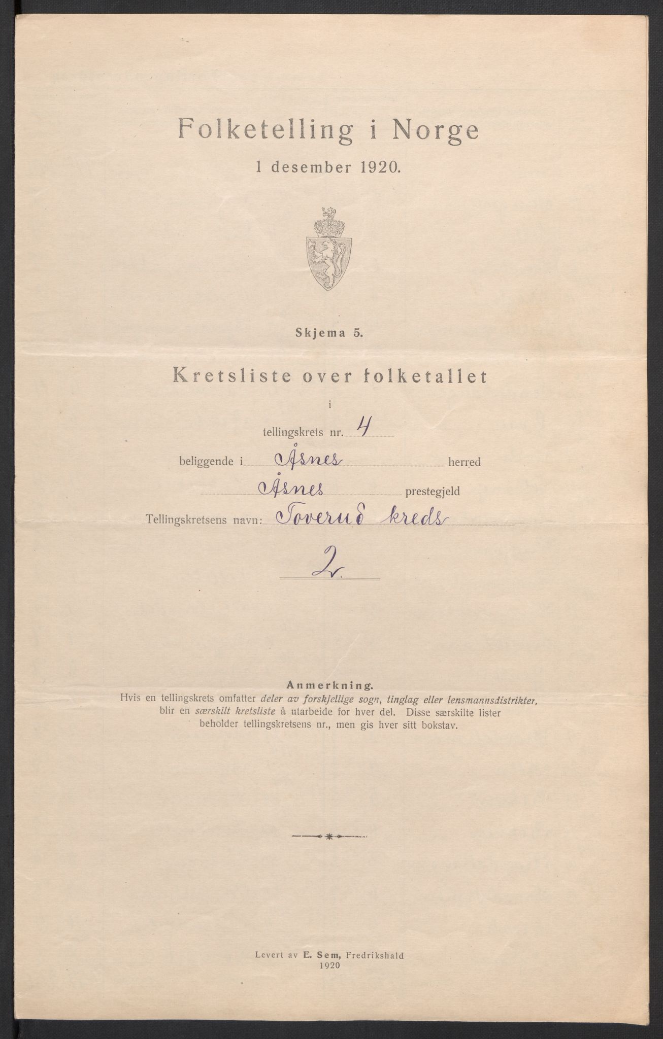 SAH, 1920 census for Åsnes, 1920, p. 18