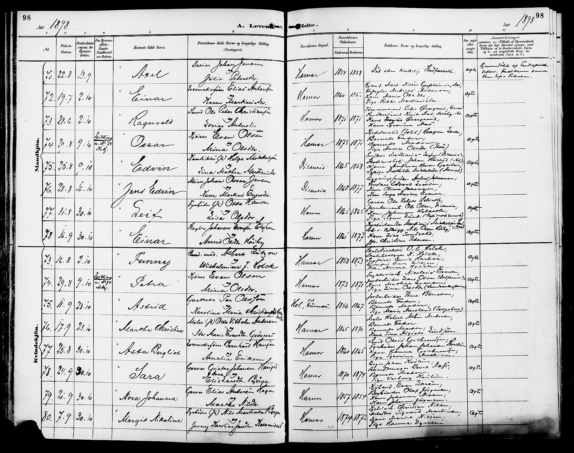 Vang prestekontor, Hedmark, AV/SAH-PREST-008/H/Ha/Haa/L0017: Parish register (official) no. 17, 1890-1899, p. 98