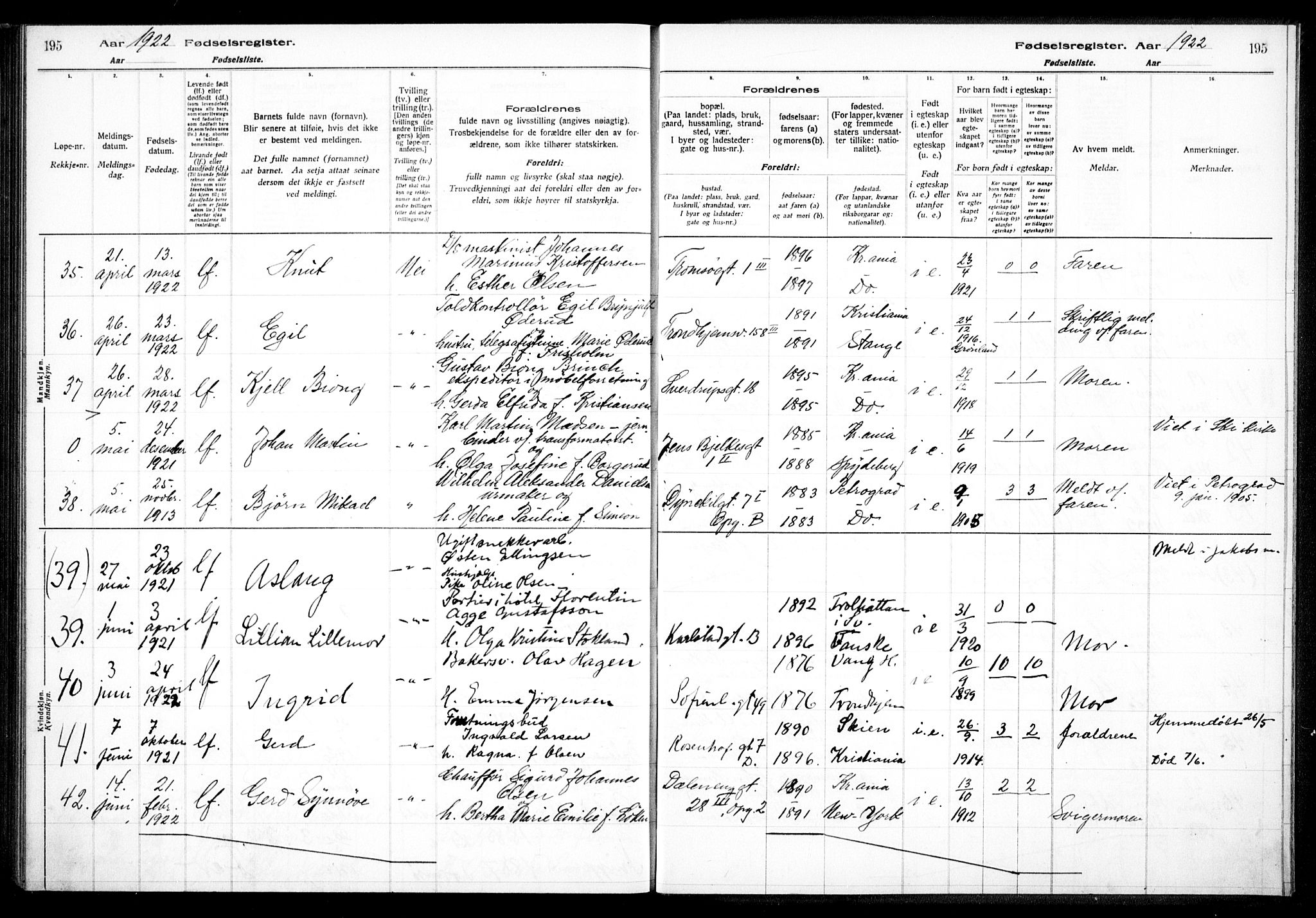 Petrus prestekontor Kirkebøker, AV/SAO-A-10872/J/Ja/L0001: Birth register no. 1, 1916-1922, p. 195