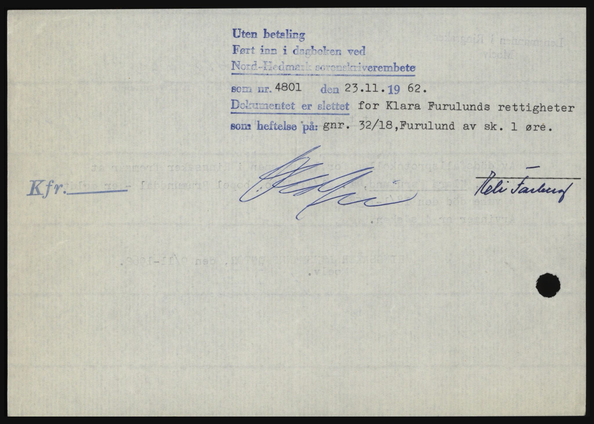 Nord-Hedmark sorenskriveri, SAH/TING-012/H/Hc/L0017: Mortgage book no. 17, 1962-1963, Diary no: : 4801/1962