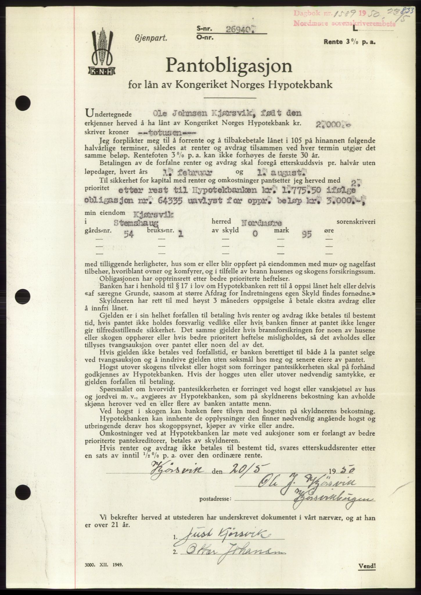 Nordmøre sorenskriveri, AV/SAT-A-4132/1/2/2Ca: Mortgage book no. B104, 1950-1950, Diary no: : 1589/1950