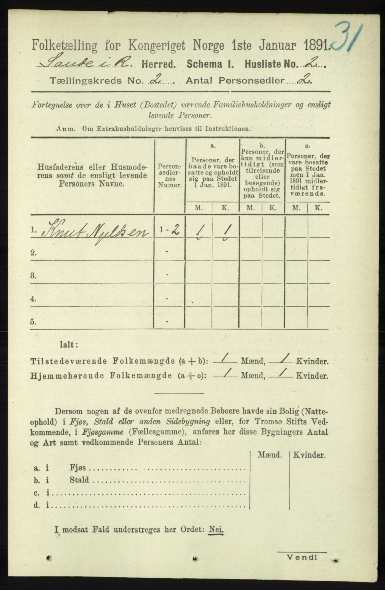 RA, 1891 census for 1135 Sauda, 1891, p. 525