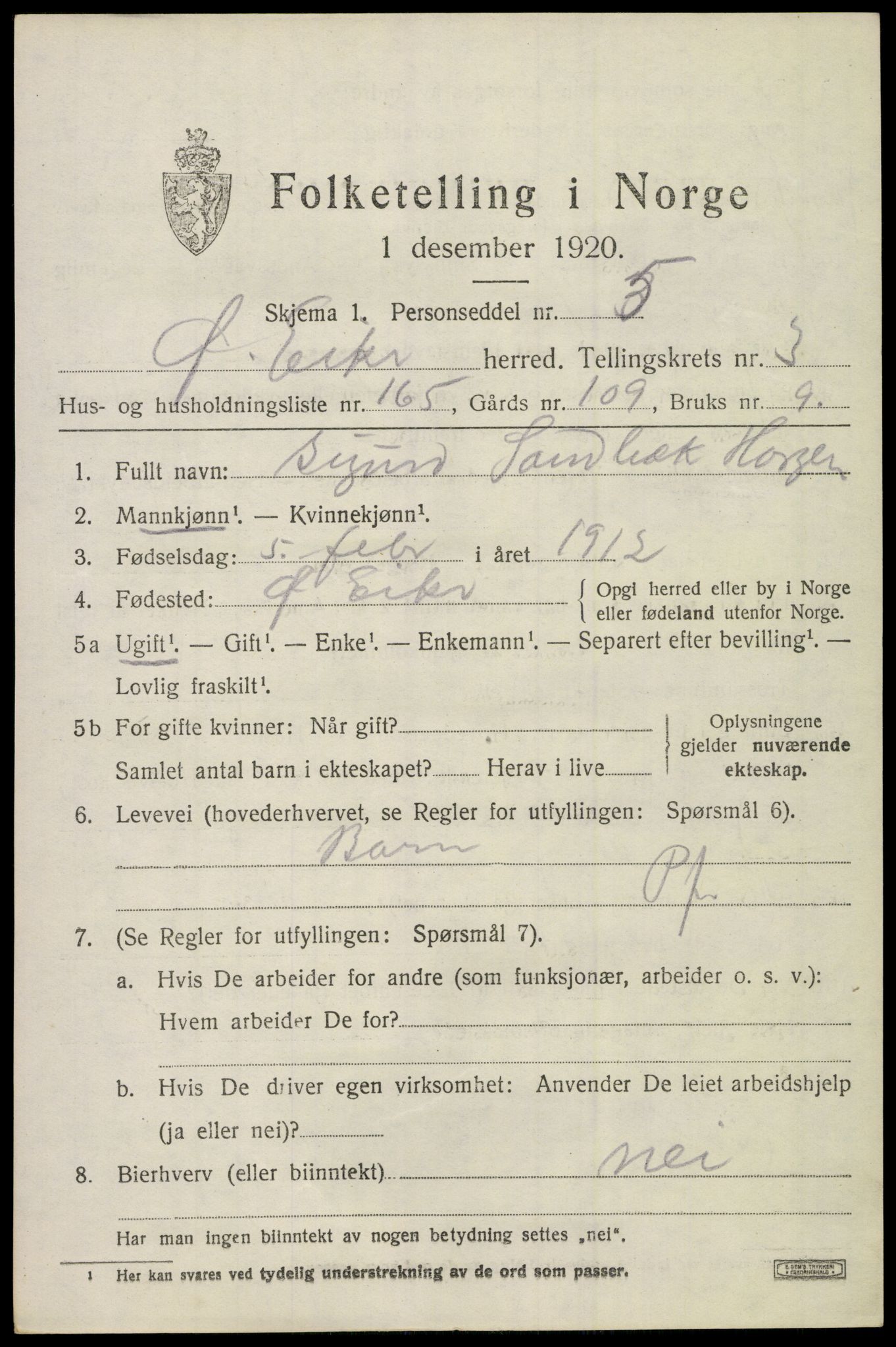 SAKO, 1920 census for Øvre Eiker, 1920, p. 9800