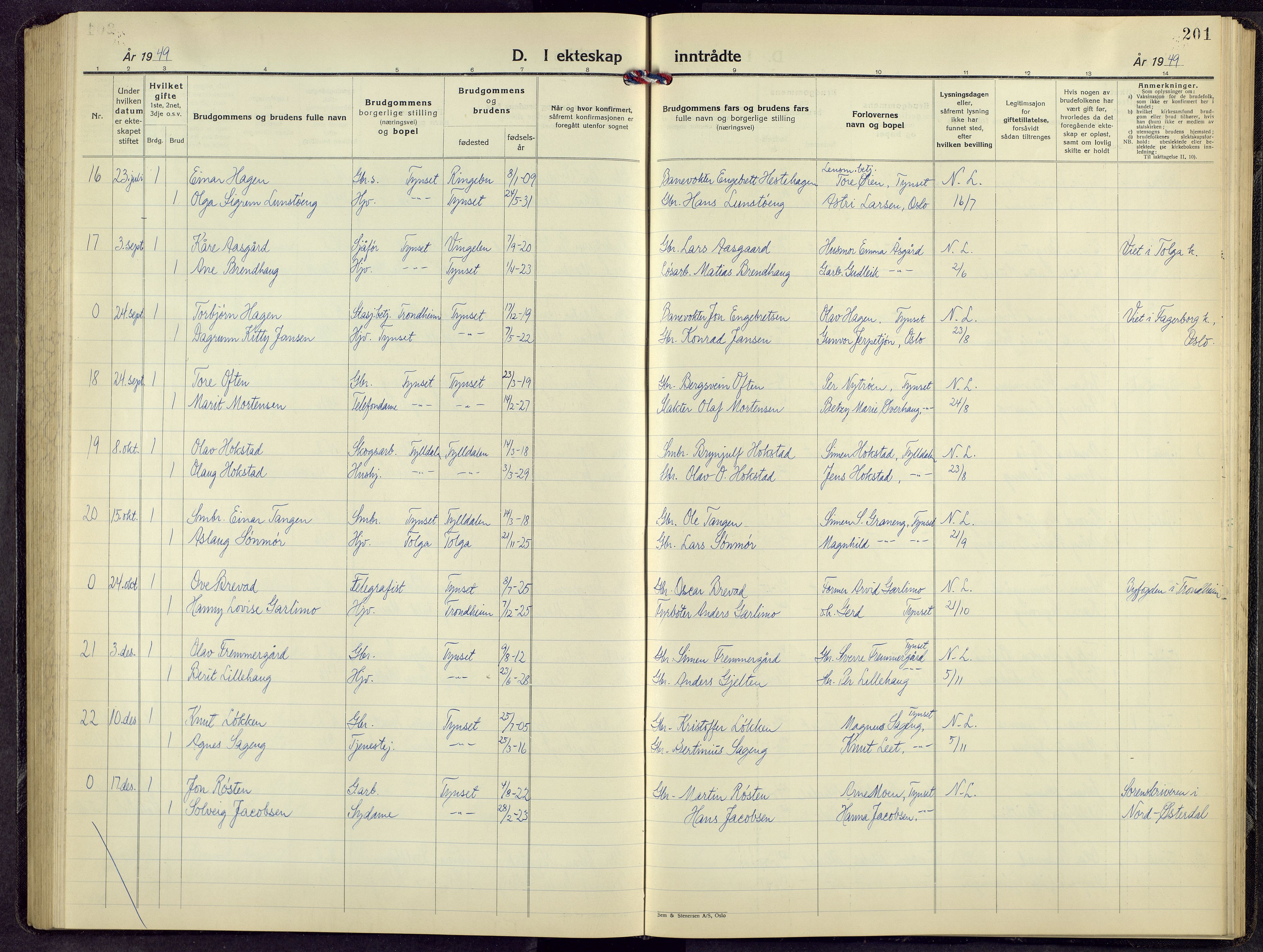 Tynset prestekontor, AV/SAH-PREST-058/H/Ha/Hab/L0014: Parish register (copy) no. 14, 1944-1960, p. 201