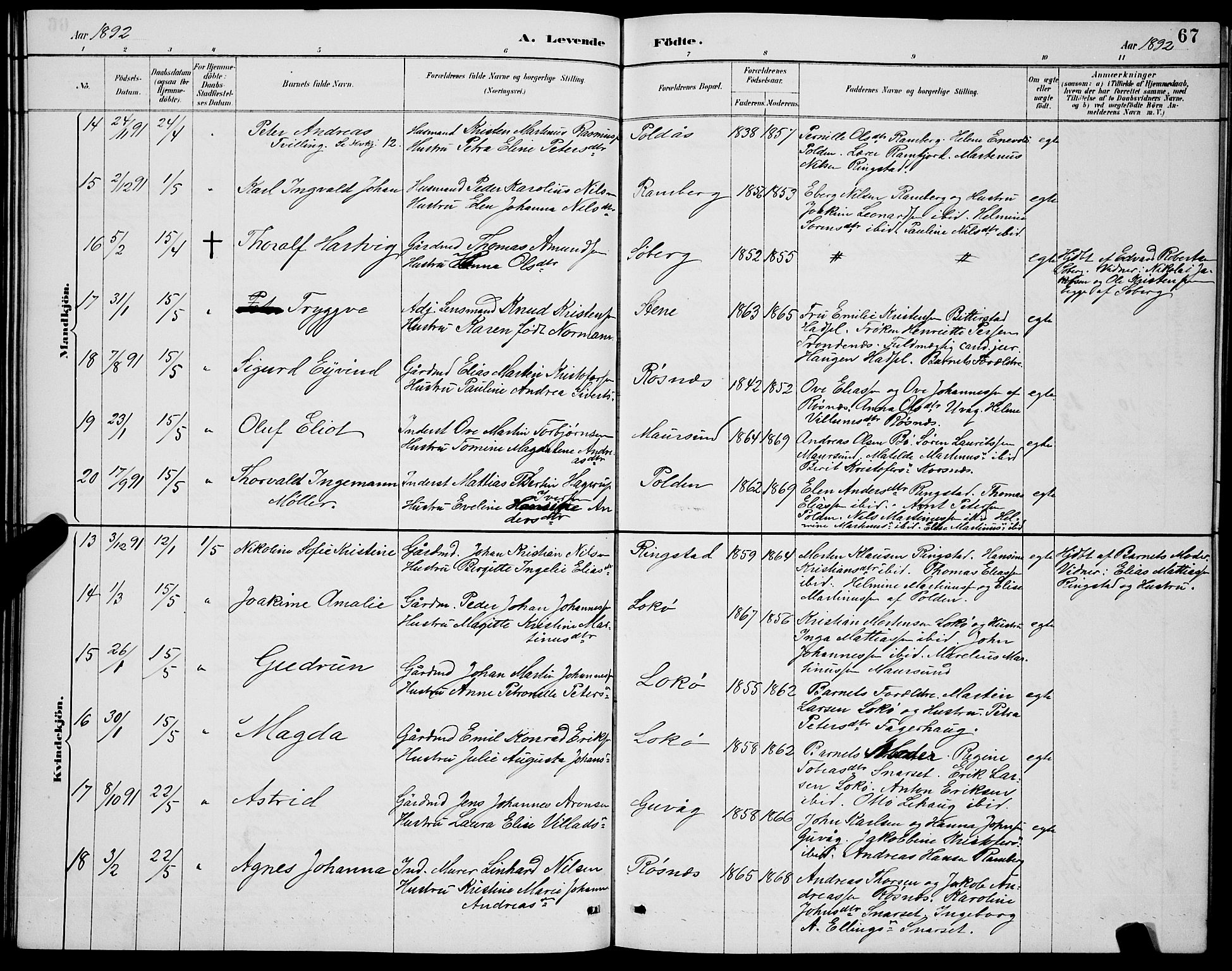 Ministerialprotokoller, klokkerbøker og fødselsregistre - Nordland, AV/SAT-A-1459/891/L1315: Parish register (copy) no. 891C04, 1886-1893, p. 67