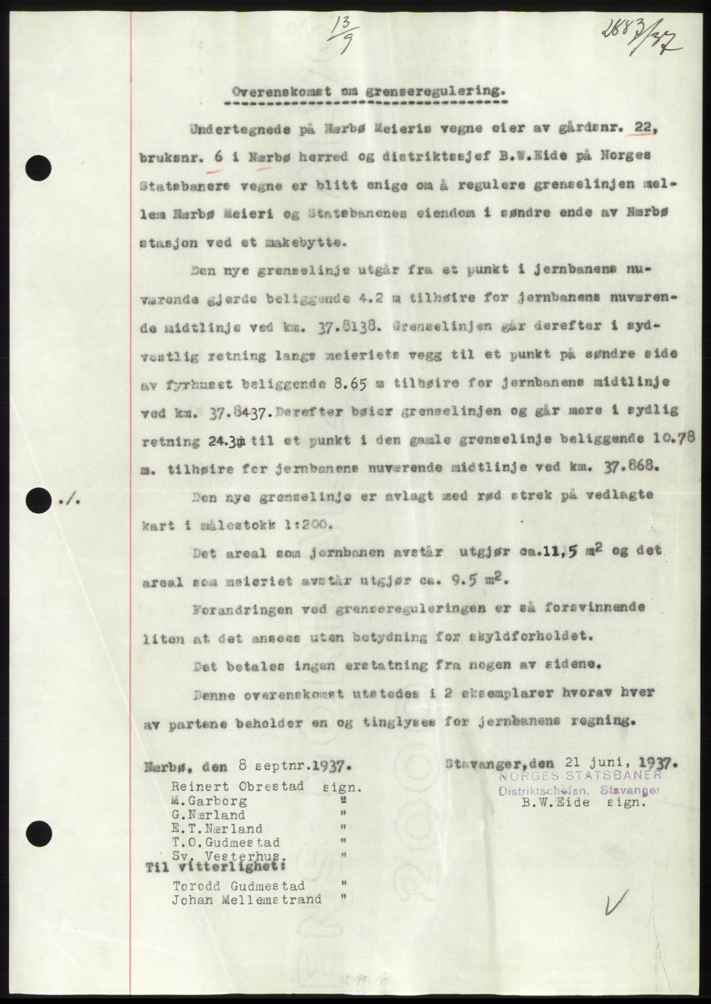 Jæren sorenskriveri, SAST/A-100310/03/G/Gba/L0069: Mortgage book, 1937-1937, Diary no: : 2883/1937