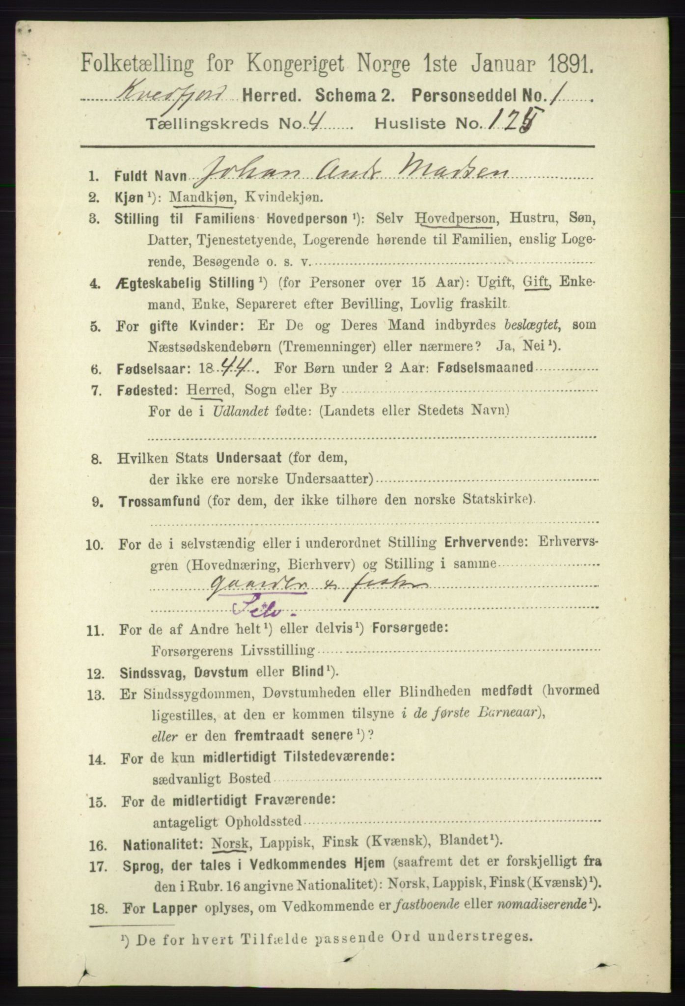 RA, 1891 census for 1911 Kvæfjord, 1891, p. 2688