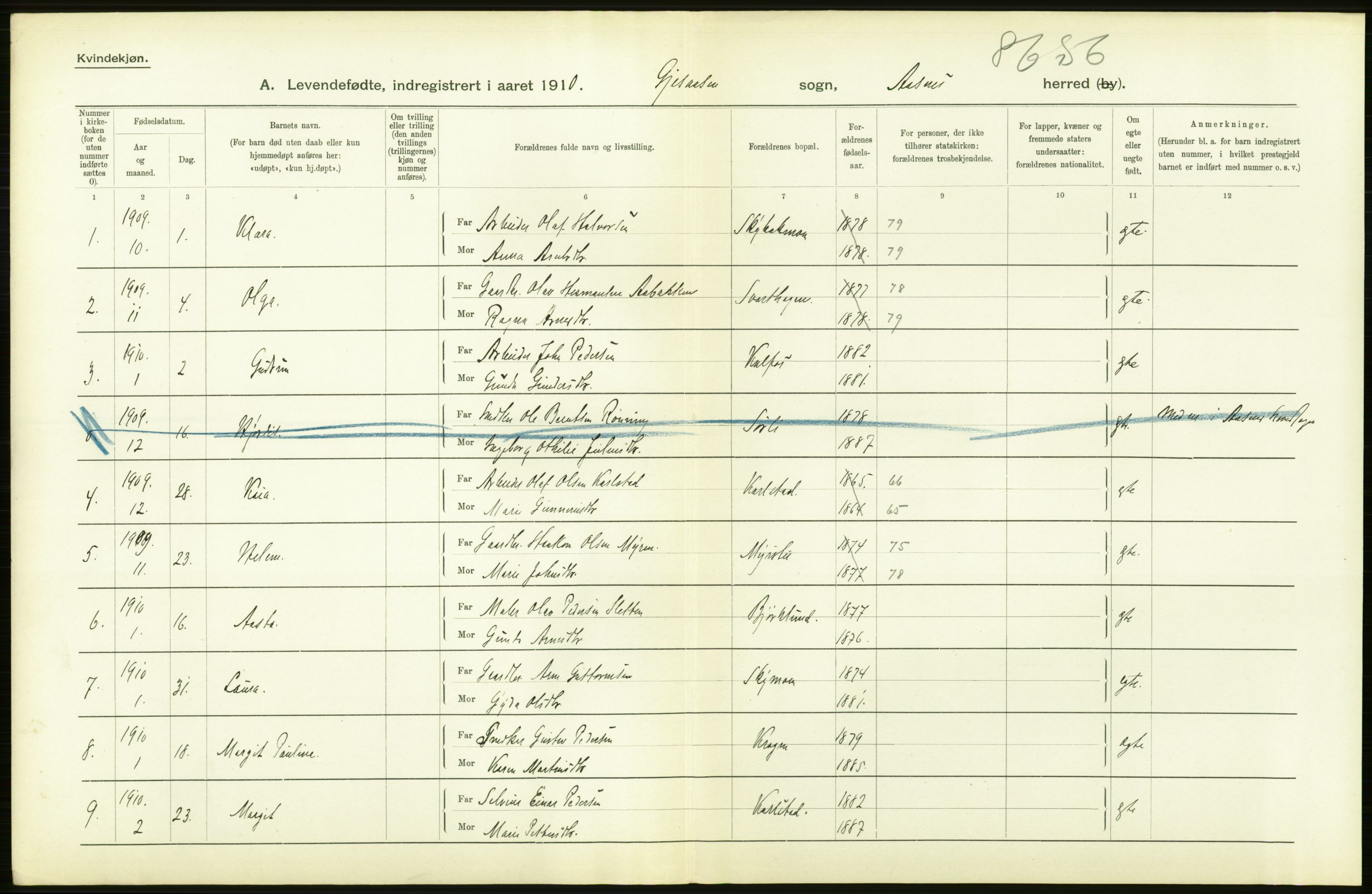 Statistisk sentralbyrå, Sosiodemografiske emner, Befolkning, AV/RA-S-2228/D/Df/Dfa/Dfah/L0010: Hedemarkens amt: Levendefødte menn og kvinner. Bygder og byer., 1910, p. 836