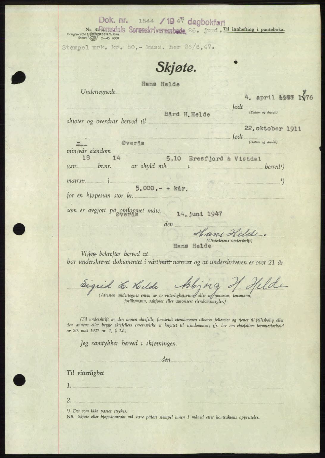 Romsdal sorenskriveri, AV/SAT-A-4149/1/2/2C: Mortgage book no. A23, 1947-1947, Diary no: : 1544/1947