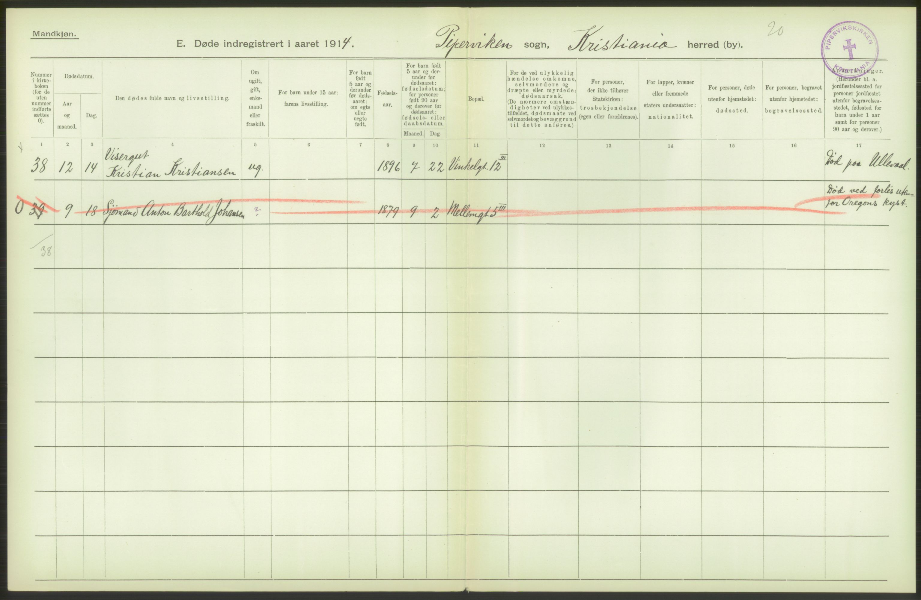 Statistisk sentralbyrå, Sosiodemografiske emner, Befolkning, AV/RA-S-2228/D/Df/Dfb/Dfbd/L0008: Kristiania: Døde, 1914, p. 42