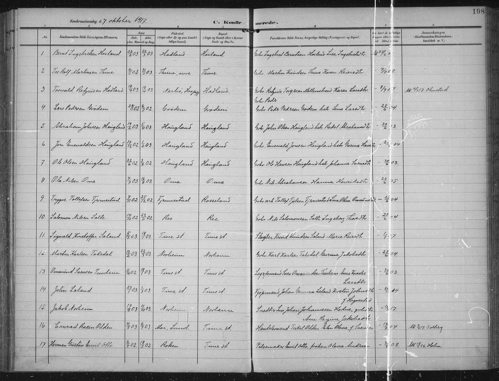 Lye sokneprestkontor, AV/SAST-A-101794/002/A/L0001: Parish register (official) no. A 12, 1904-1920, p. 198