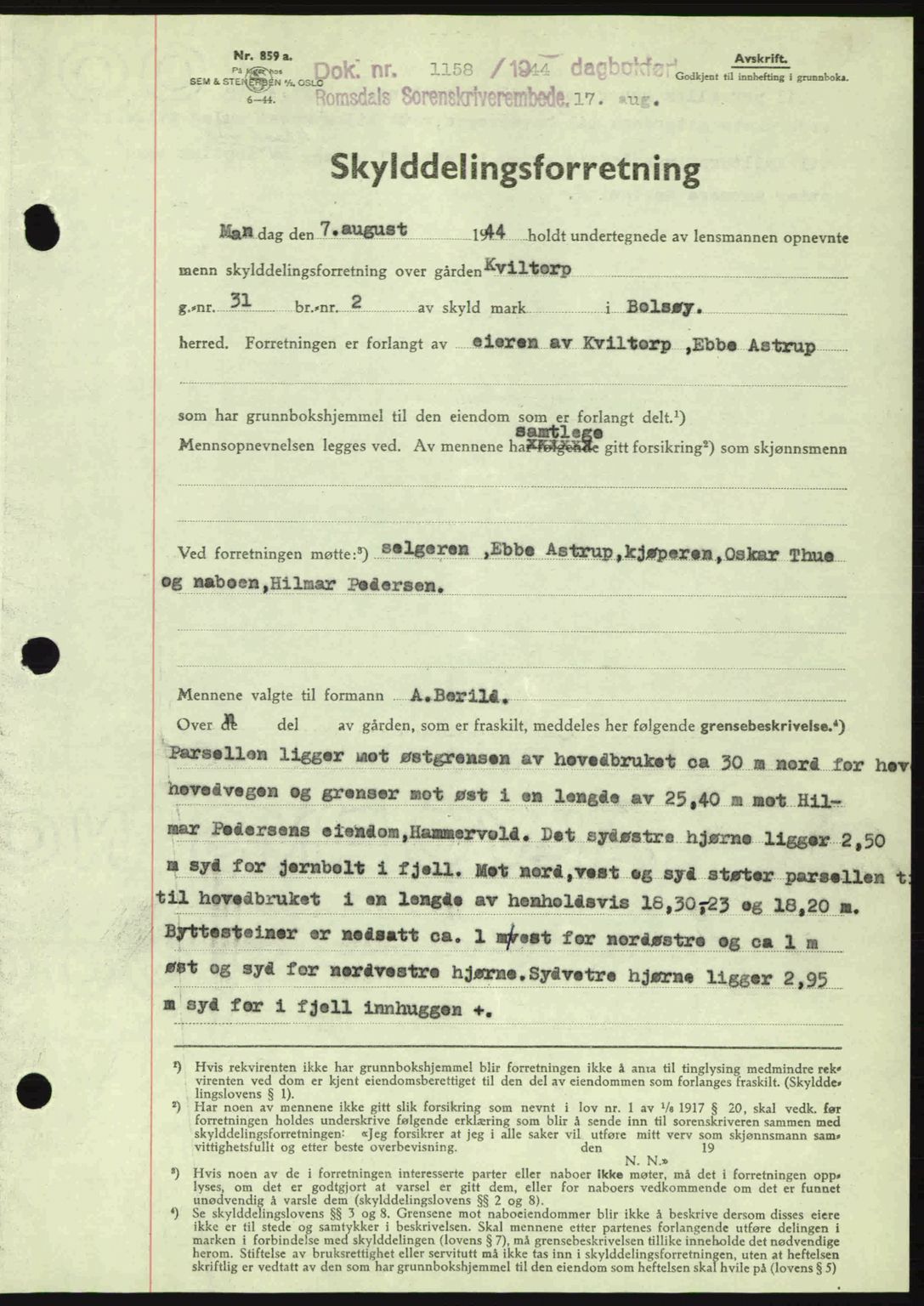 Romsdal sorenskriveri, SAT/A-4149/1/2/2C: Mortgage book no. A16, 1944-1944, Diary no: : 1158/1944