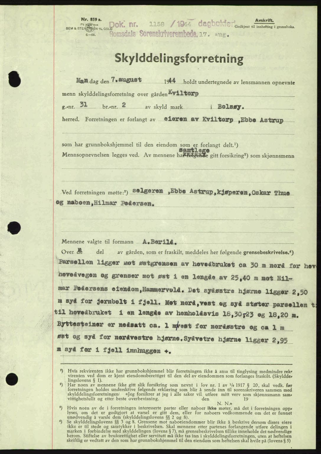 Romsdal sorenskriveri, AV/SAT-A-4149/1/2/2C: Mortgage book no. A16, 1944-1944, Diary no: : 1158/1944