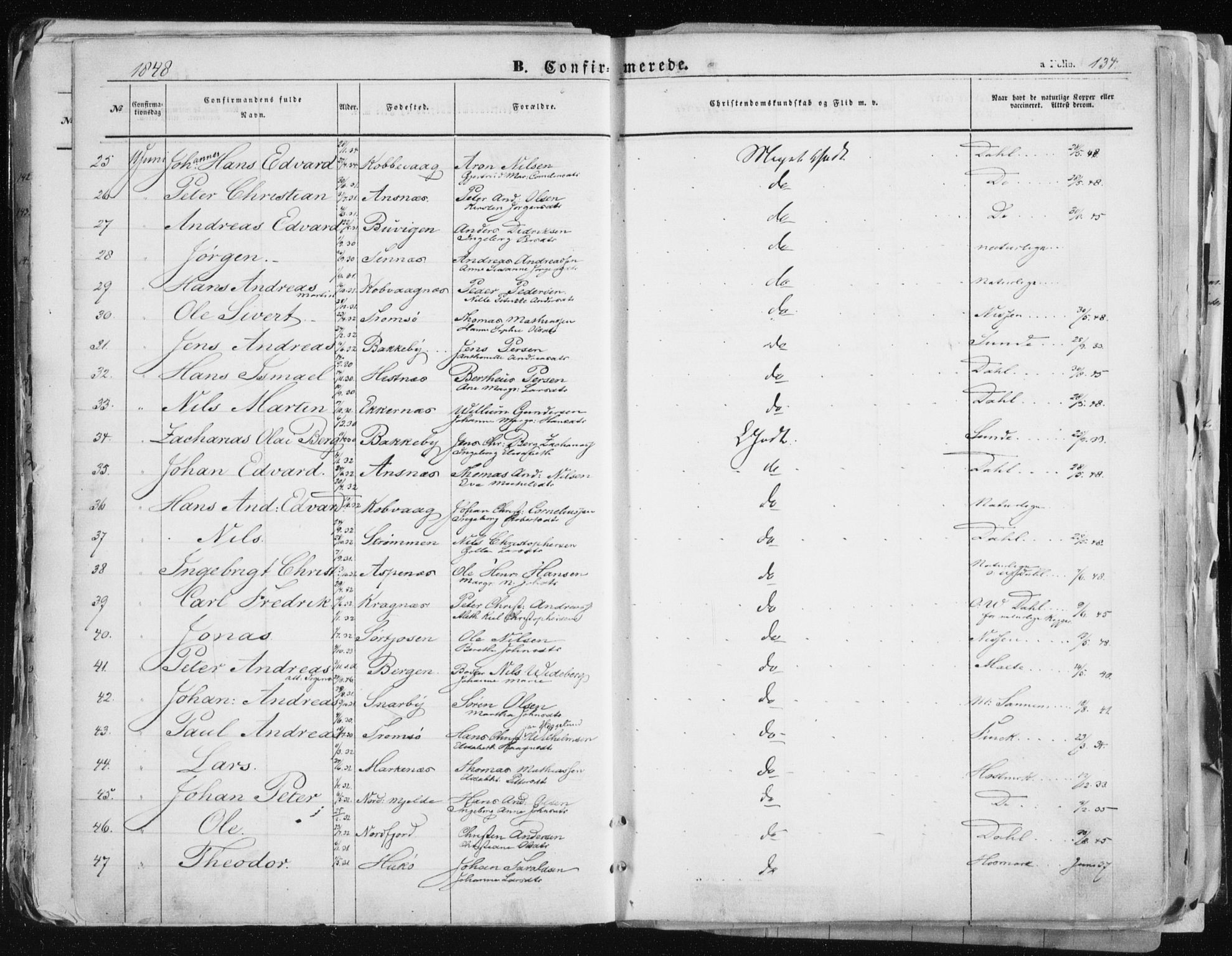 Tromsø sokneprestkontor/stiftsprosti/domprosti, AV/SATØ-S-1343/G/Ga/L0010kirke: Parish register (official) no. 10, 1848-1855, p. 134
