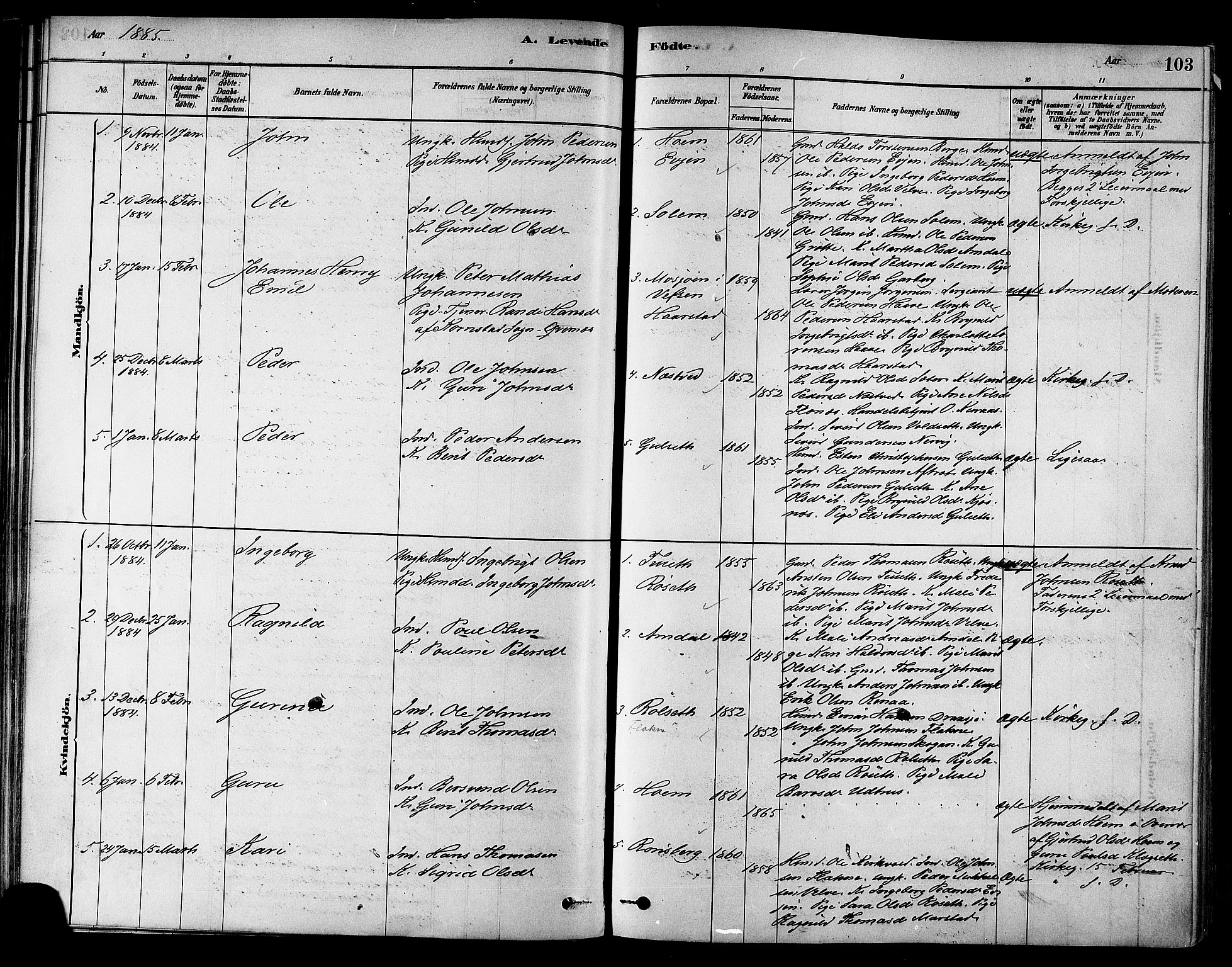 Ministerialprotokoller, klokkerbøker og fødselsregistre - Sør-Trøndelag, SAT/A-1456/695/L1148: Parish register (official) no. 695A08, 1878-1891, p. 103