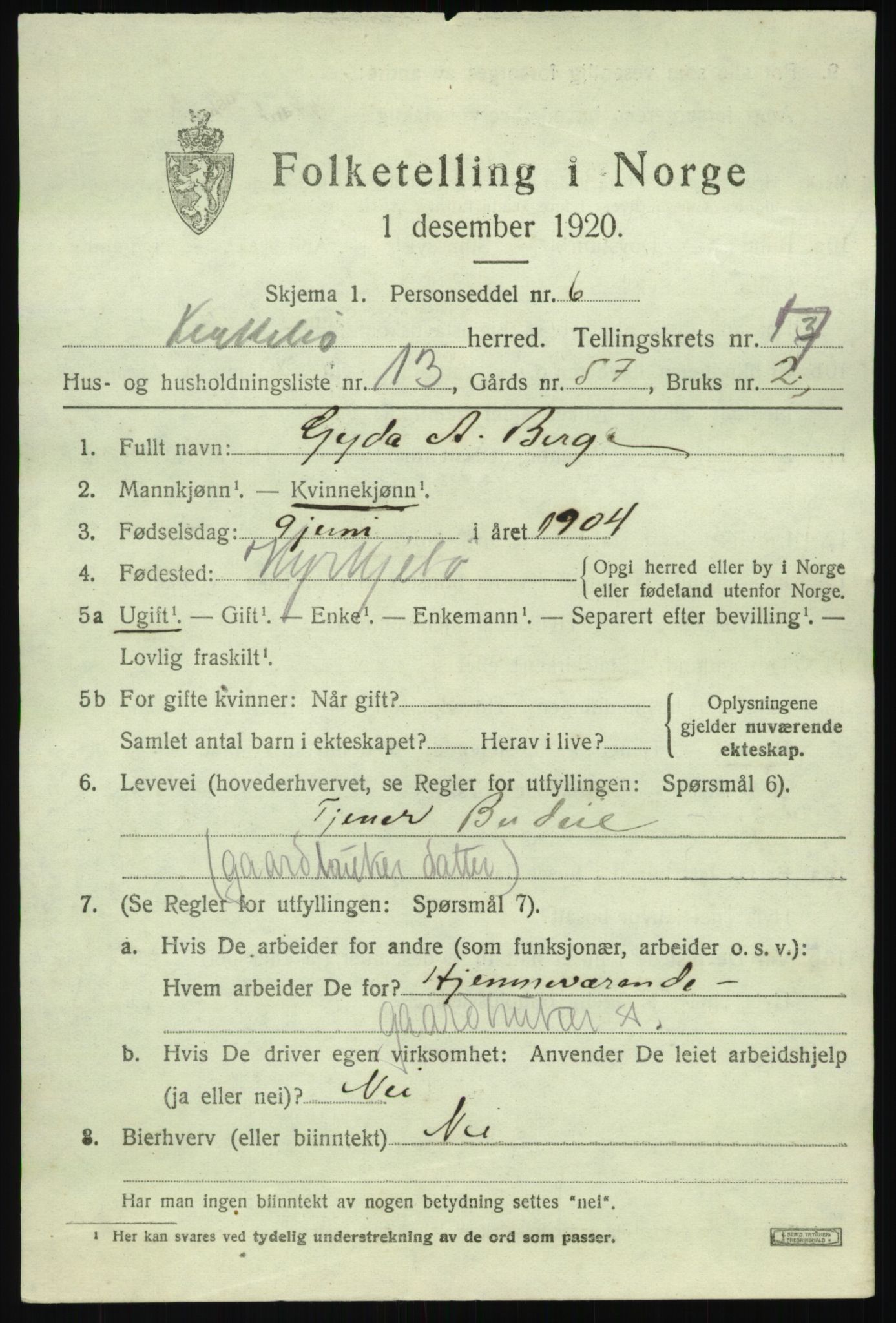 SAB, 1920 census for Kyrkjebø, 1920, p. 3671