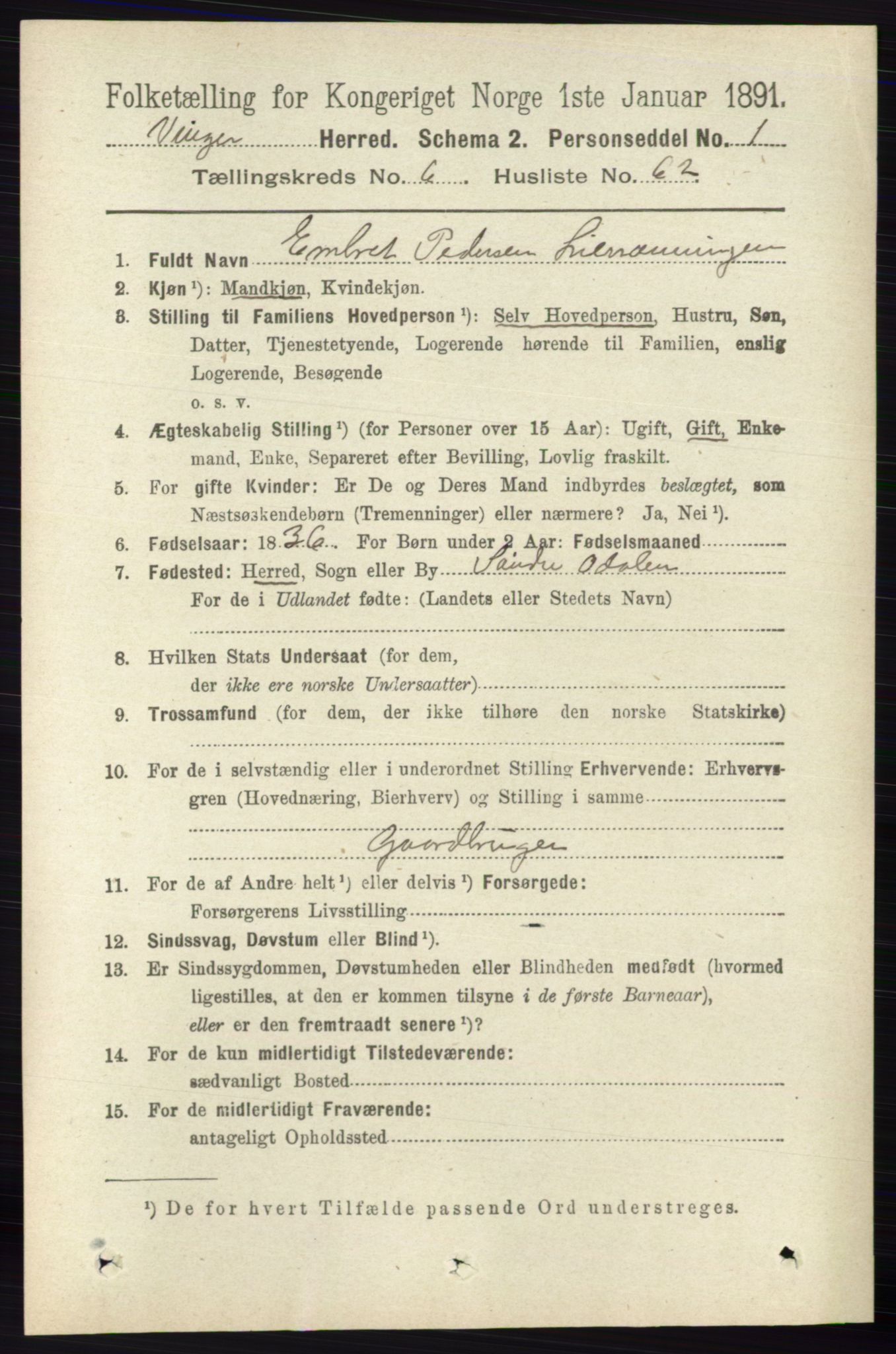 RA, 1891 census for 0421 Vinger, 1891, p. 2970