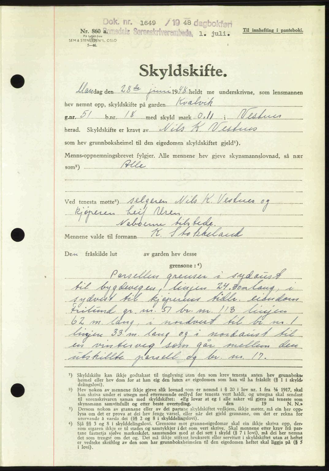 Romsdal sorenskriveri, AV/SAT-A-4149/1/2/2C: Mortgage book no. A26, 1948-1948, Diary no: : 1649/1948