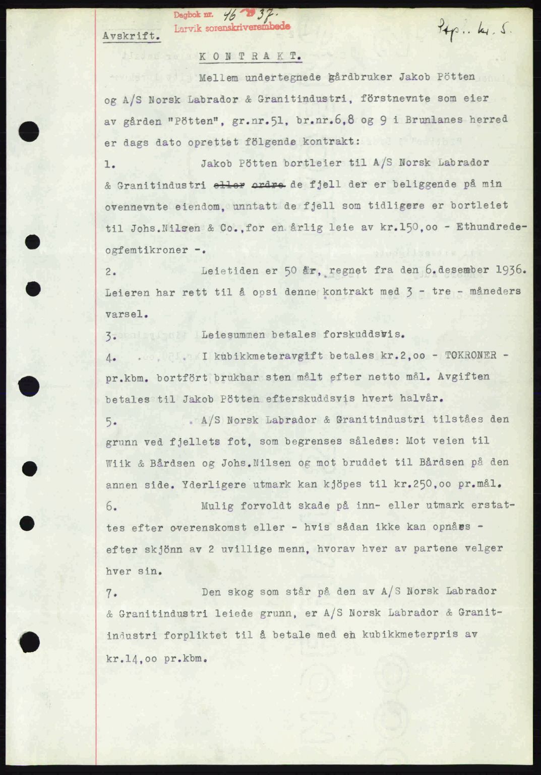Larvik sorenskriveri, SAKO/A-83/G/Ga/Gab/L0067: Mortgage book no. A-1, 1936-1937, Diary no: : 46/1937