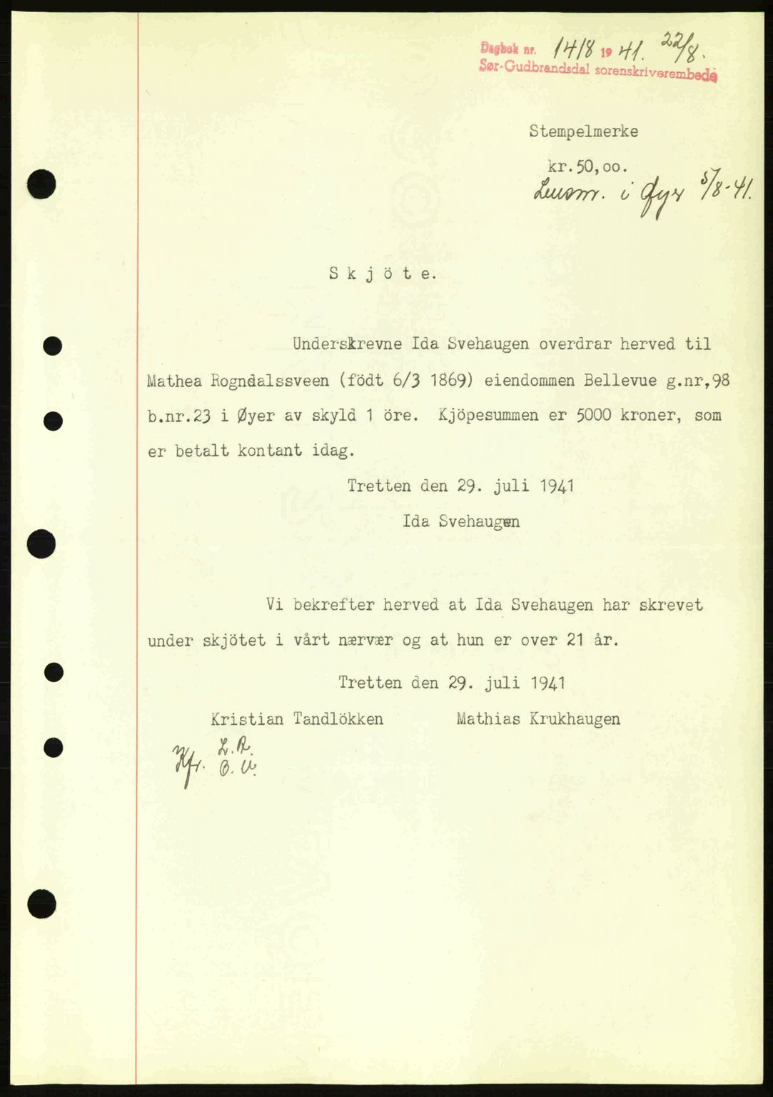 Sør-Gudbrandsdal tingrett, SAH/TING-004/H/Hb/Hbd/L0009: Mortgage book no. A9, 1941-1941, Diary no: : 1418/1941