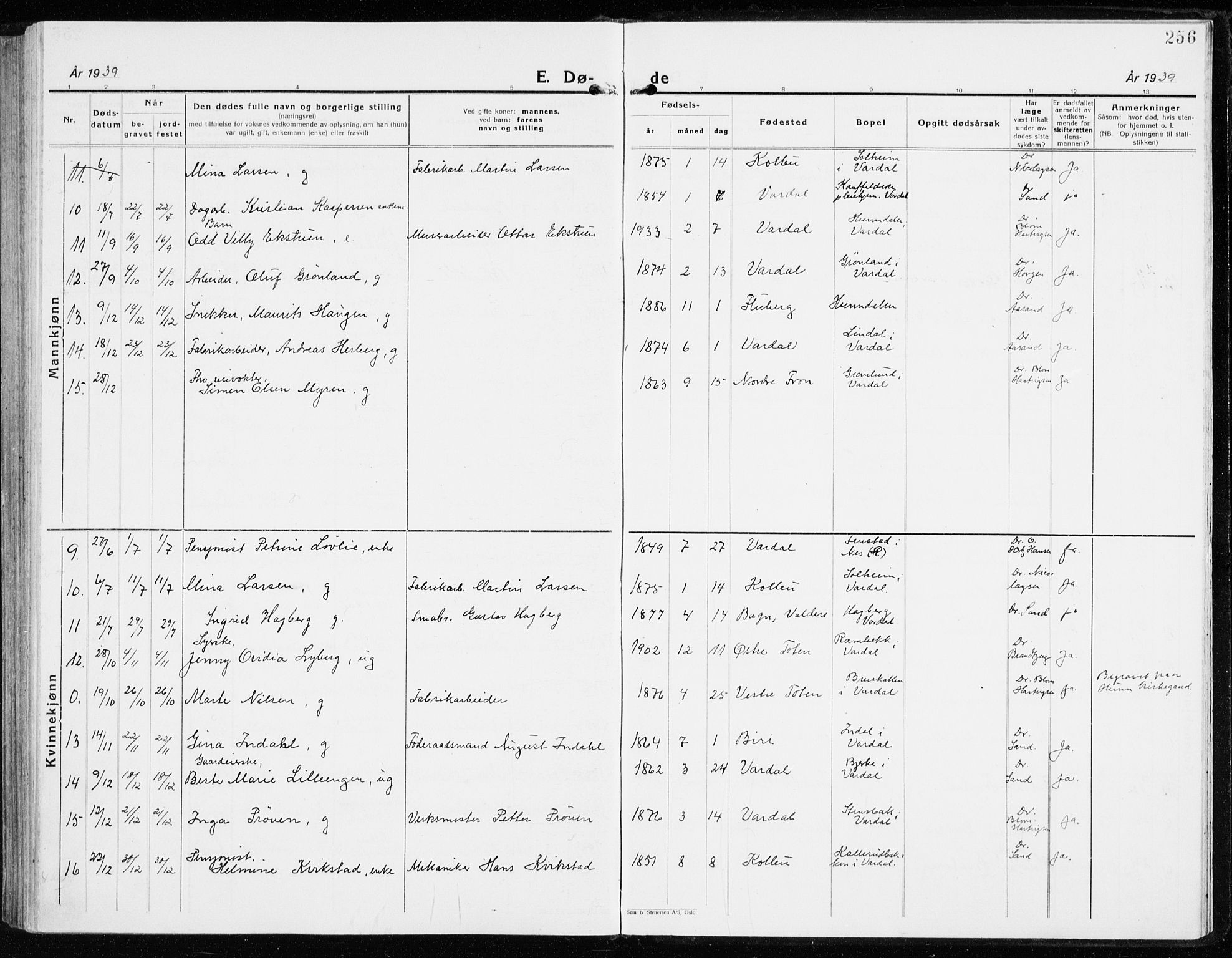 Vardal prestekontor, SAH/PREST-100/H/Ha/Haa/L0018: Parish register (official) no. 18, 1930-1945, p. 256