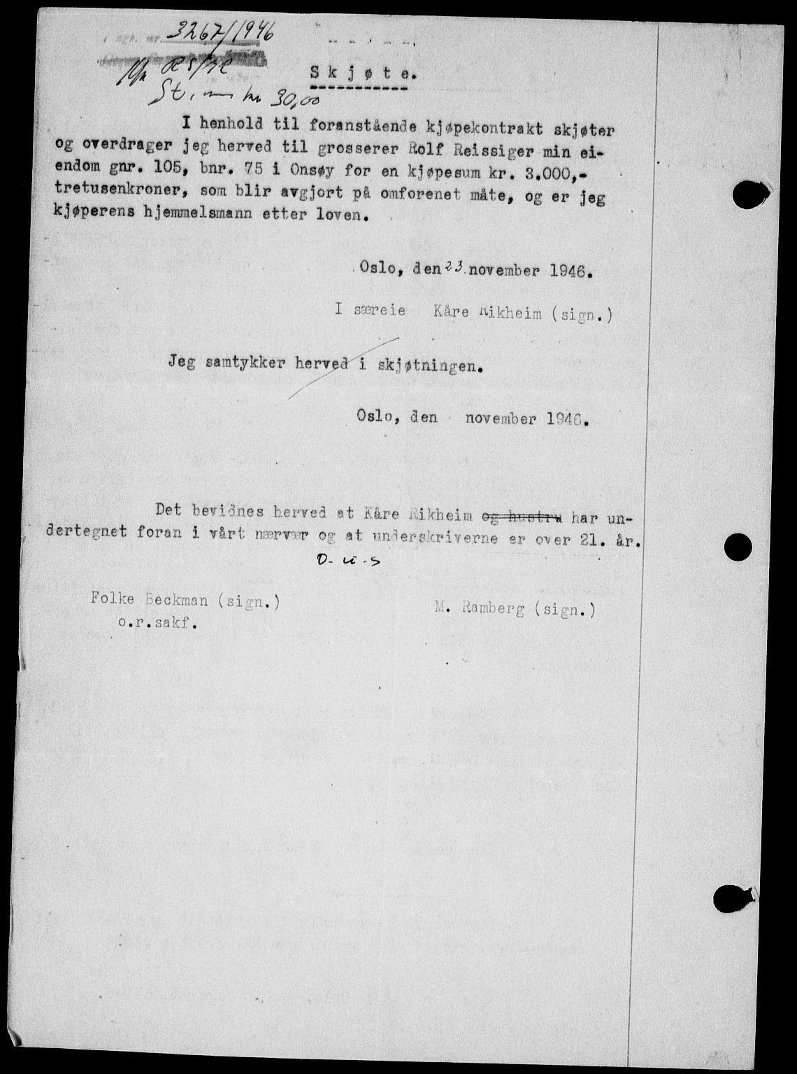 Onsøy sorenskriveri, SAO/A-10474/G/Ga/Gab/L0018: Mortgage book no. II A-18, 1946-1947, Diary no: : 3267/1946