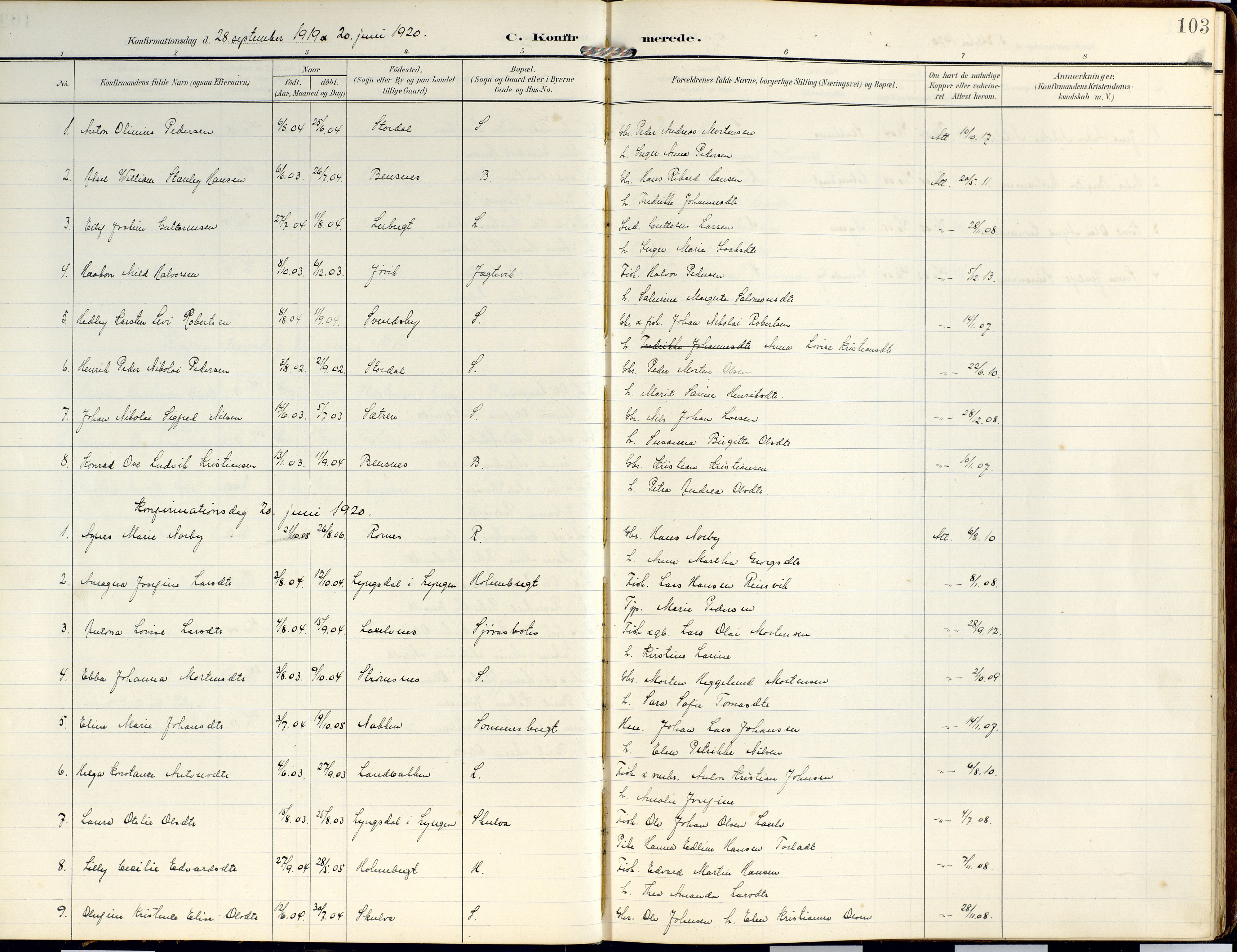 Lyngen sokneprestembete, AV/SATØ-S-1289/H/He/Hea/L0014kirke: Parish register (official) no. 14, 1905-1920, p. 103